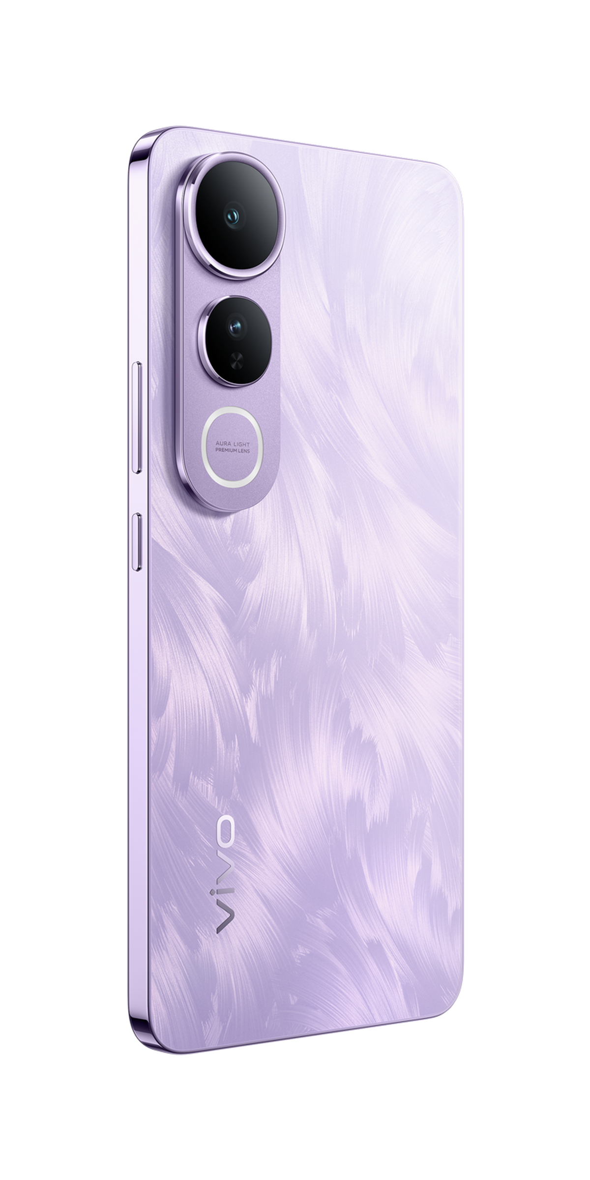 Liliowy smartfon z trzema aparatami, srebrną ramką i teksturowanym tyłem.