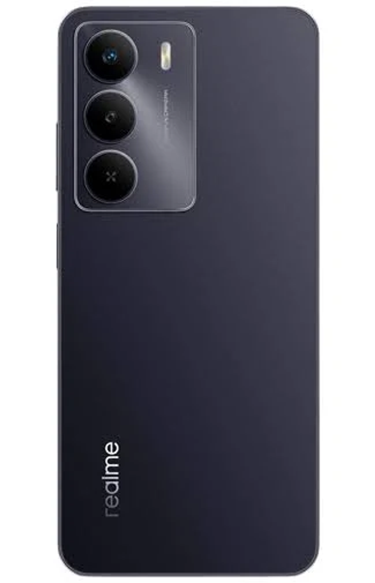 Tył ciemnoniebieskiego telefonu Realme. Potrójny aparat z lampą błyskową. Logo Realme na dole.