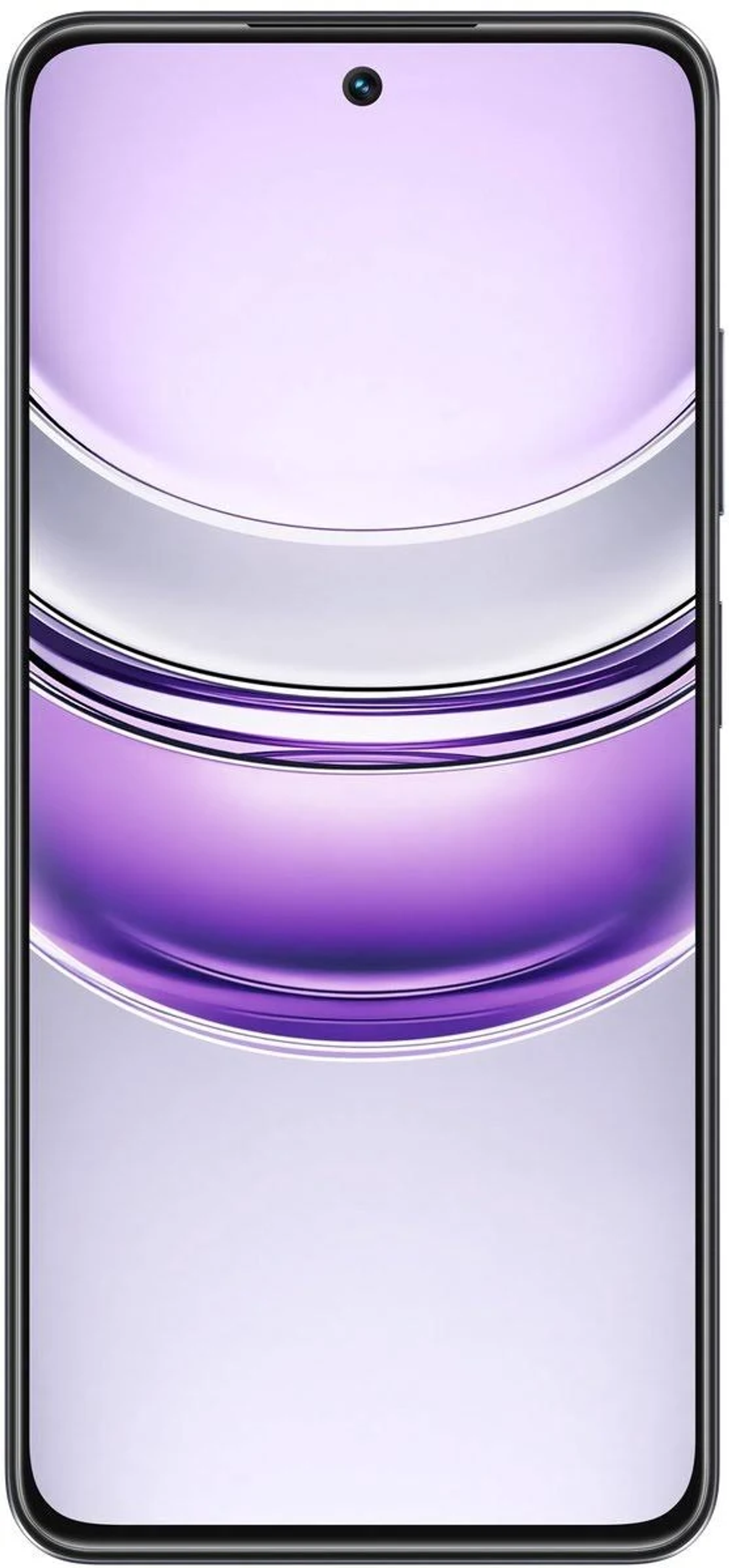 Czarny smartfon z fioletowym ekranem, zaokrągloną górą i przednim aparatem.