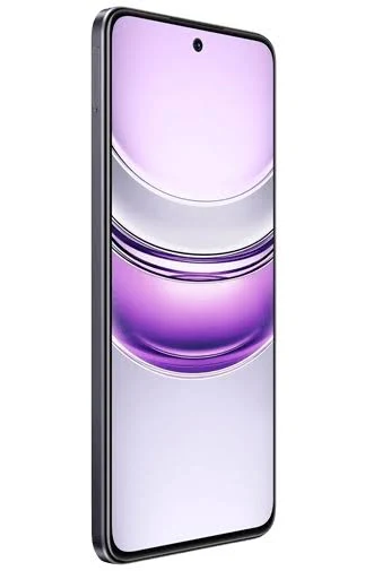 Telefon z profilu z fioletowym ekranem. Telefon jest szary, a ekran wyświetla fioletowo-biały wzór.