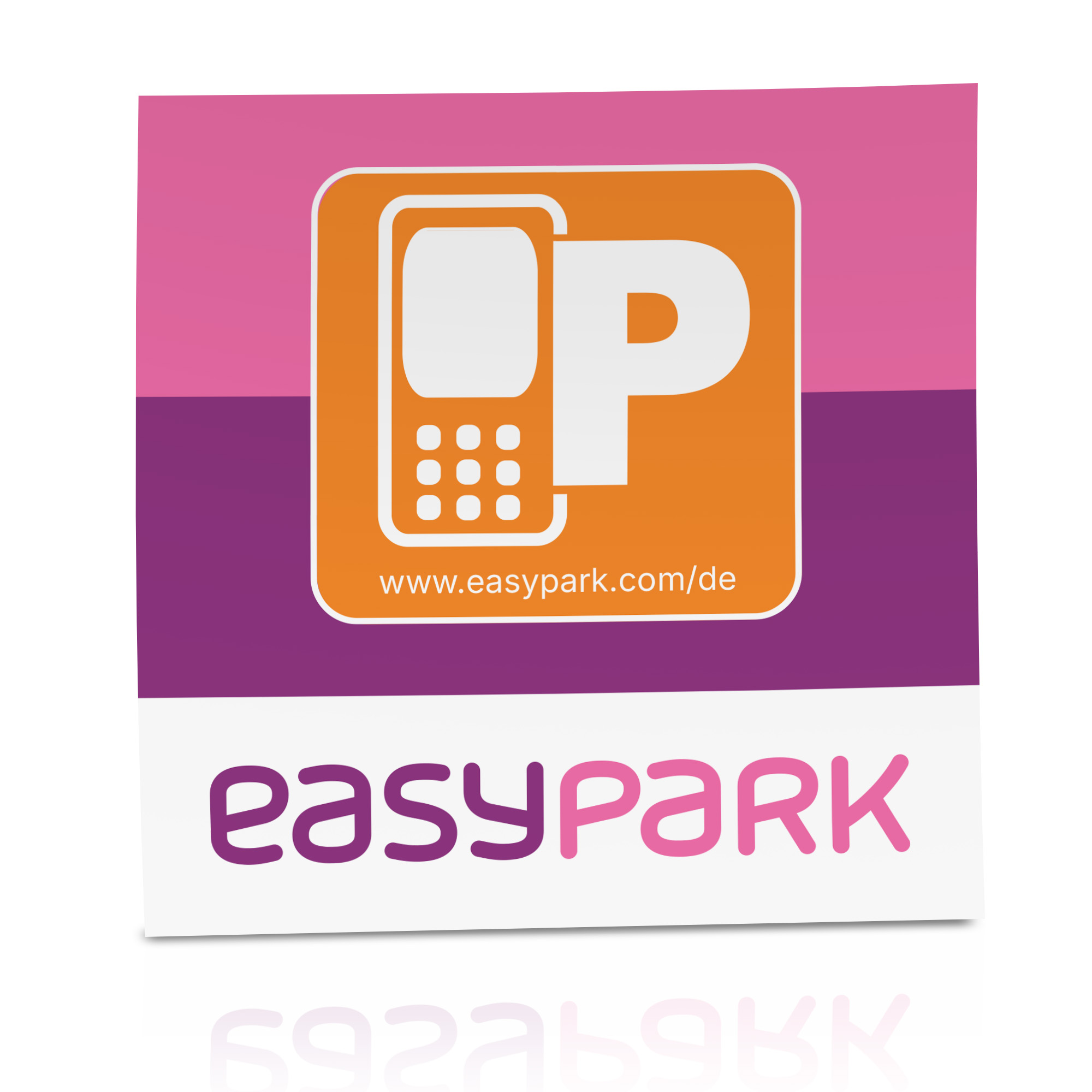 Ein quadratisches EasyPark-Schild mit dem EasyPark-Logo und der Website-Adresse www.easypark.com/de.