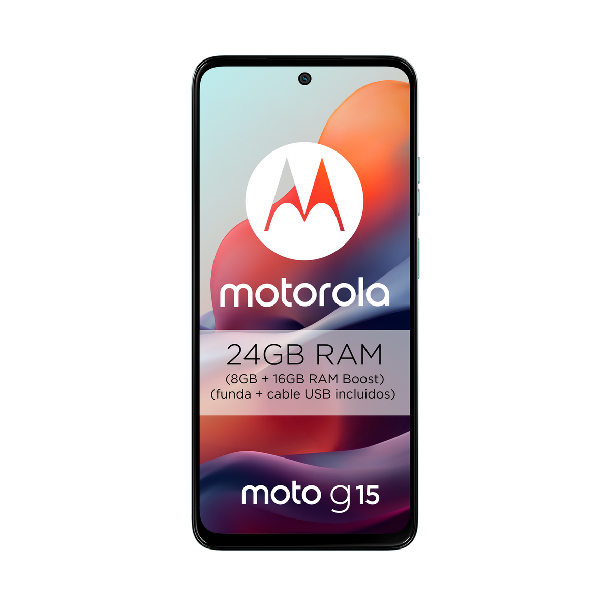 Smartfon Motorola Moto G15, z tekstem i grafiką na ekranie.