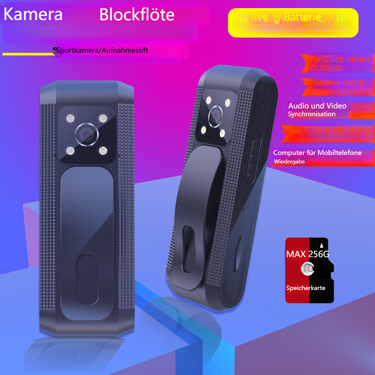 Zwei schwarze Action-Kameras mit einer Micro-SD-Karte. Die Kamera rechts hat einen Clip.