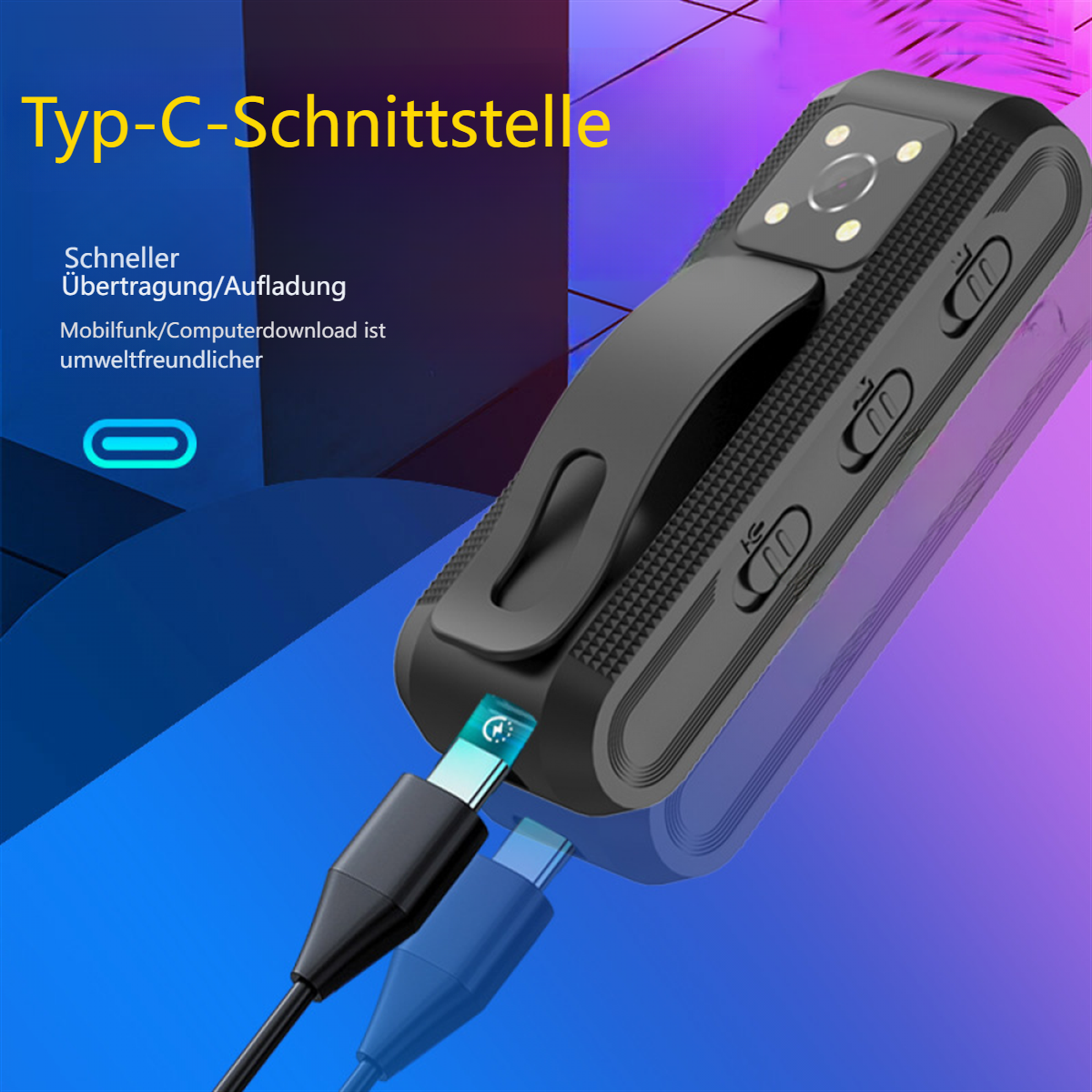 Schwarzes tragbares Gerät mit Clip. Text: Typ-C-Schnittstelle. Zeigt ein angeschlossenes Ladekabel. Blauer Hintergrund.