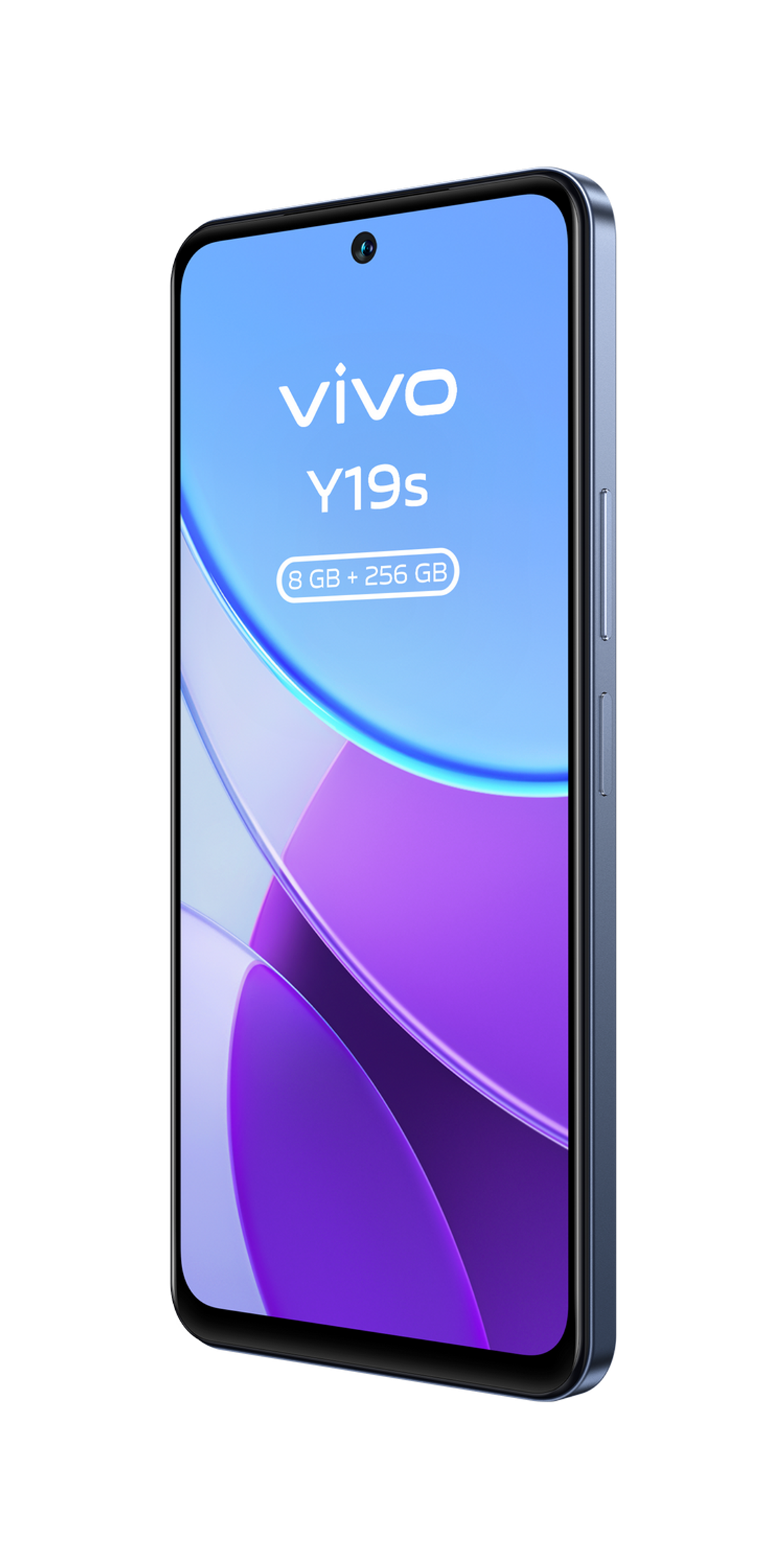 Niebieski smartfon vivo Y19s, z niebieskim i czarnym gradientem wokół ekranu i tekstem vivo Y19s.