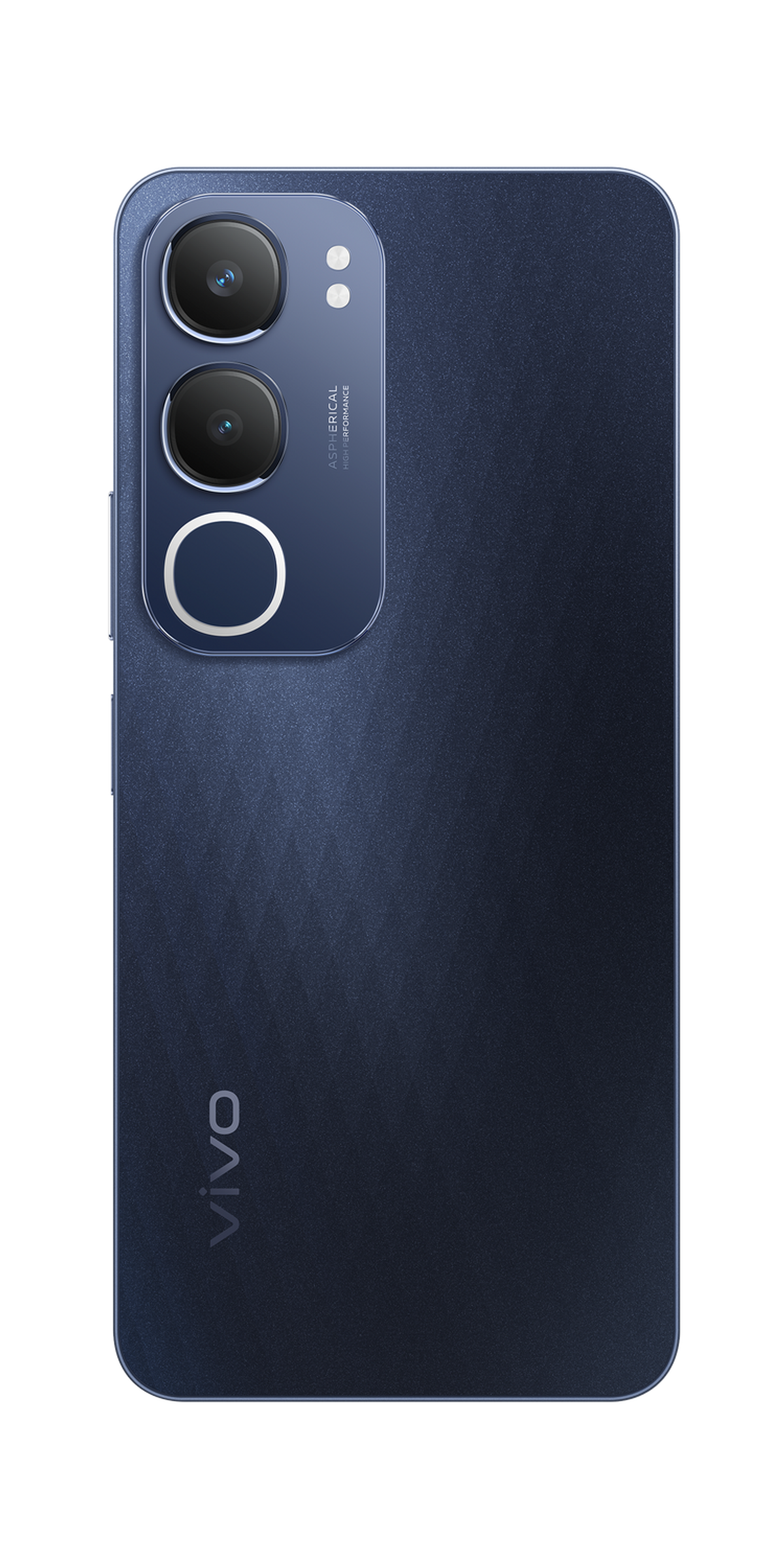 Niebieski telefon, trzy aparaty, marka Vivo. Ciemnoniebieski tył. Czarne tło.