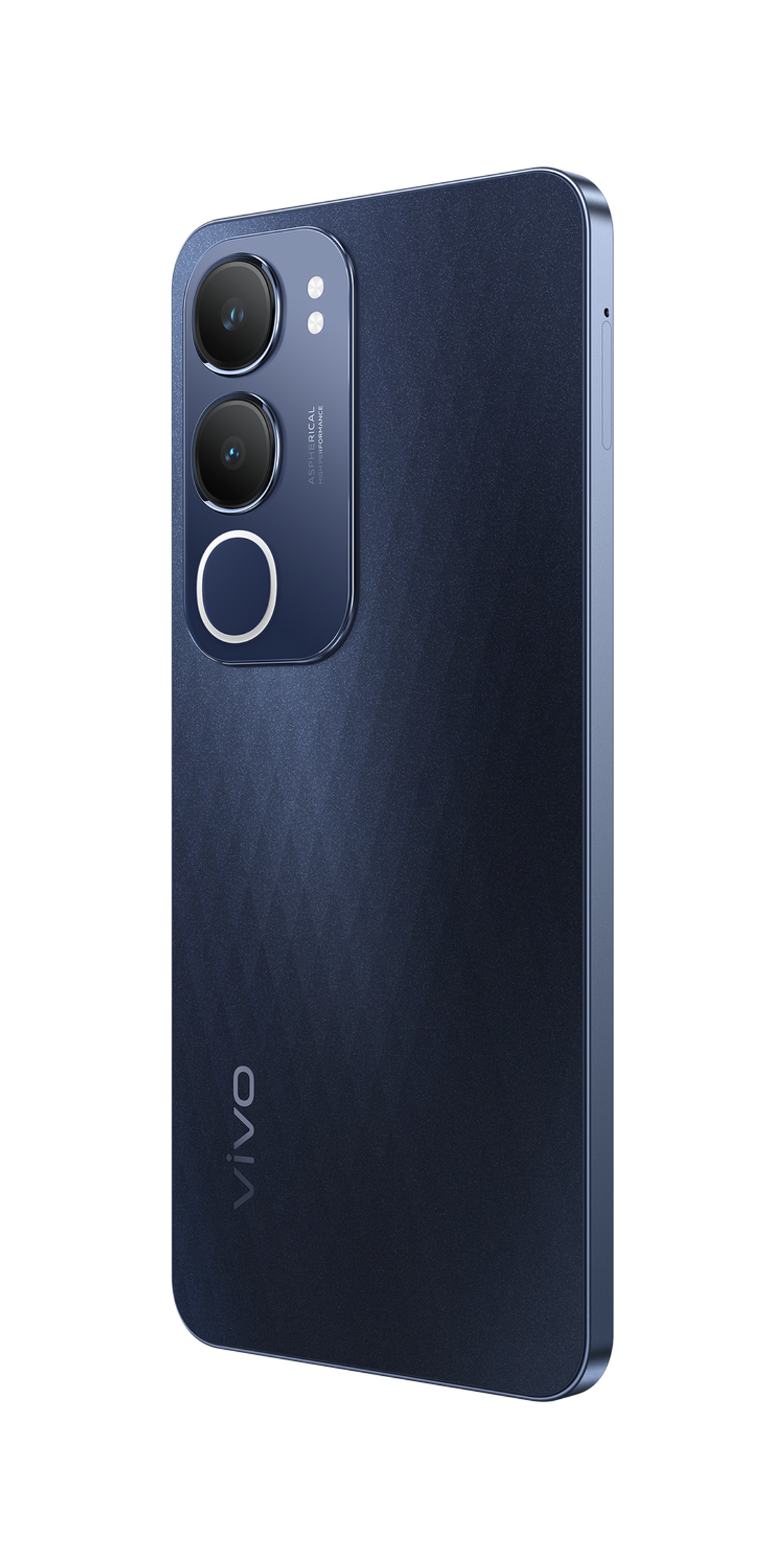 Niebieski telefon Vivo, widok z boku, z potrójnym aparatem z tyłu.