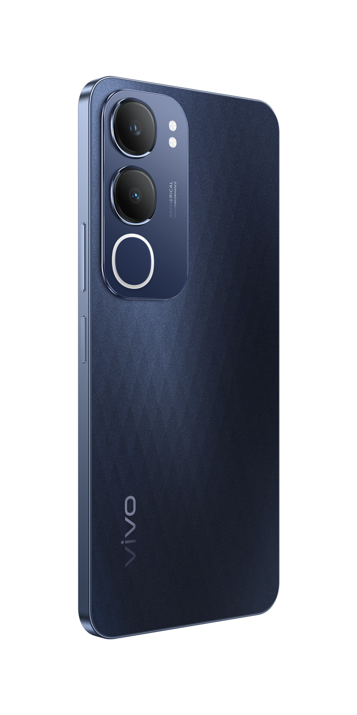 Ciemnoniebieski telefon z trzema aparatami z tyłu. Widoczna nazwa marki.