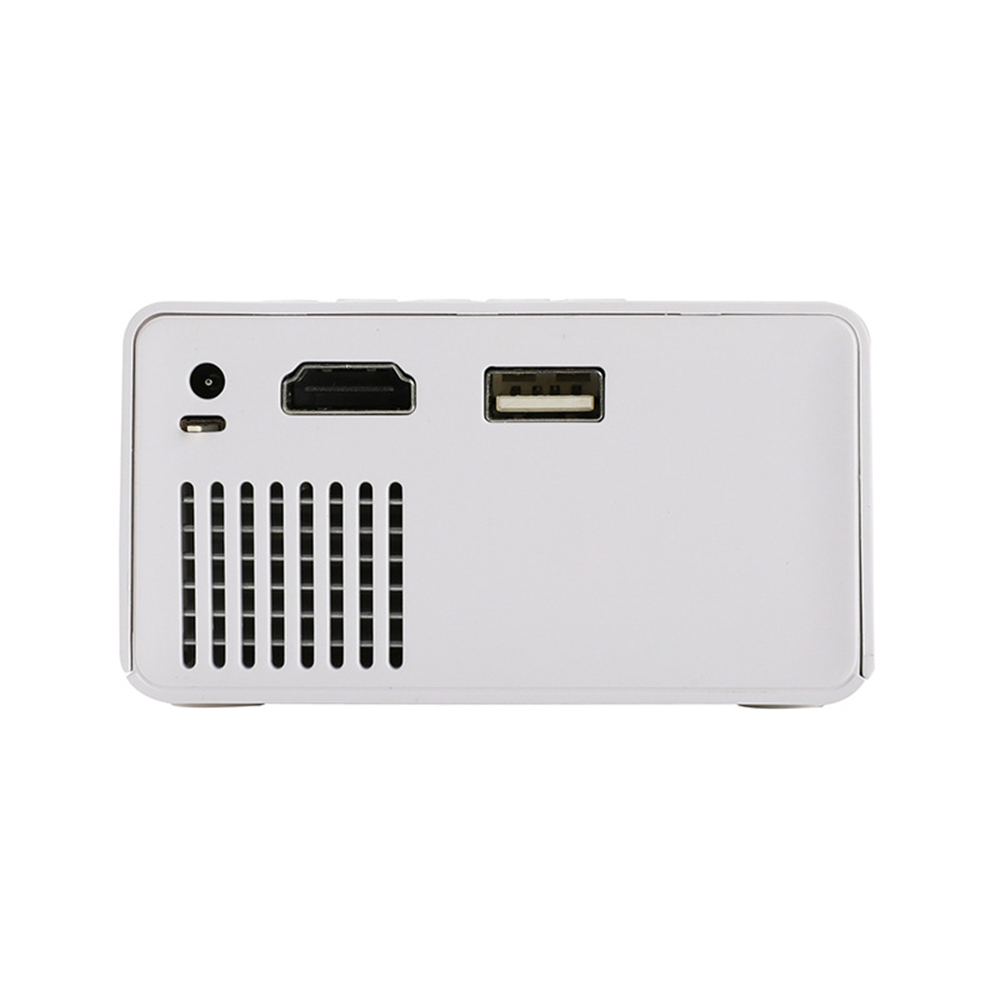 Ein weißer Projektor mit HDMI- und USB-Anschlüssen sowie Lüftungsschlitzen.