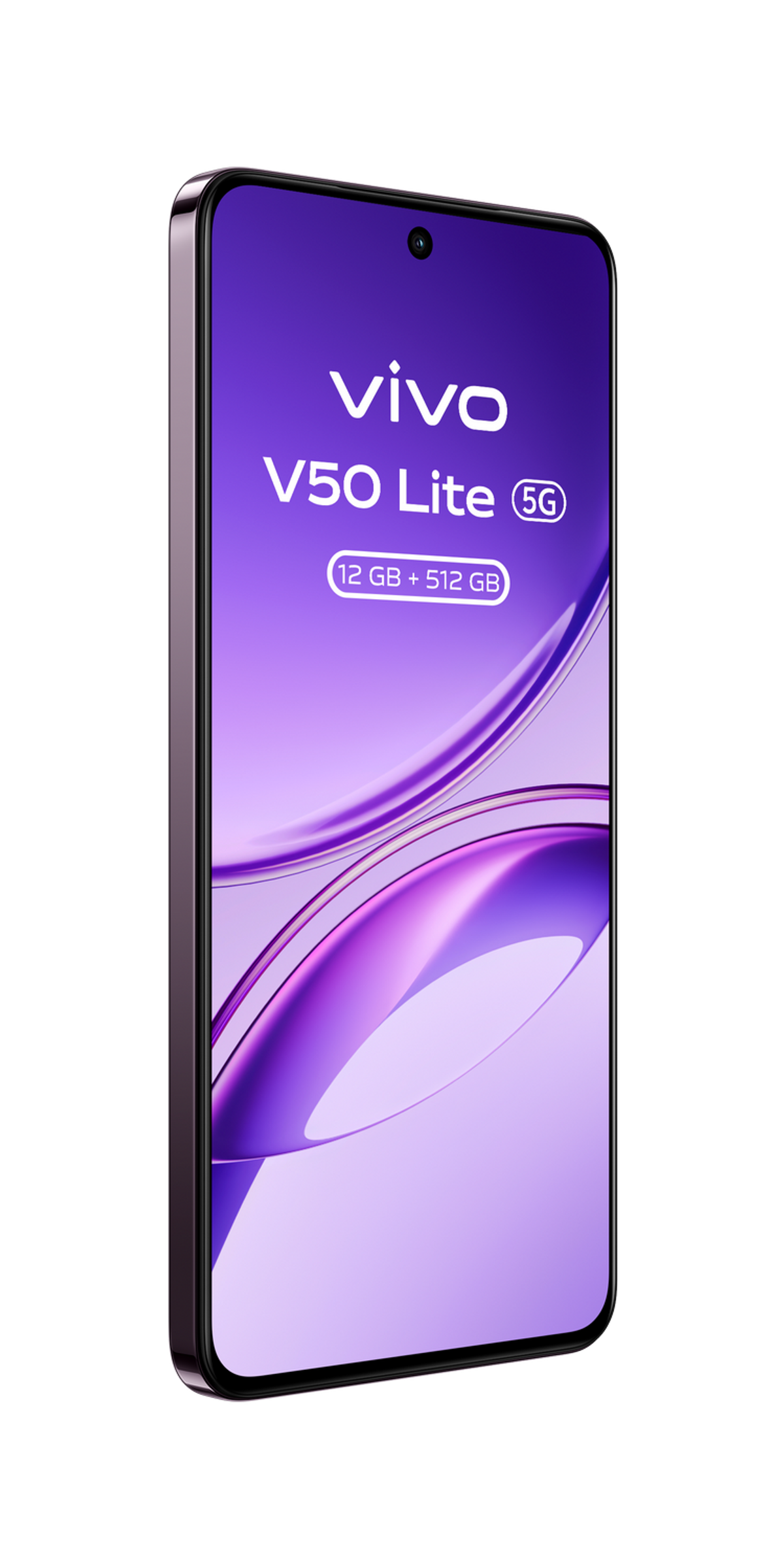 Fioletowy telefon Vivo V50 Lite 5G z tekstem na czarnym tle.