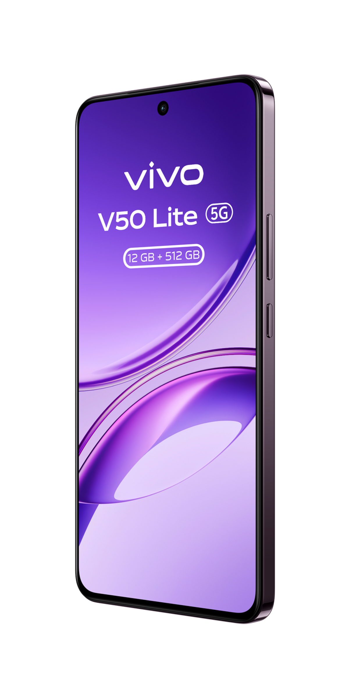 Fioletowy telefon VIVO V50 Lite 5G, z fioletową ramką i przednim aparatem.