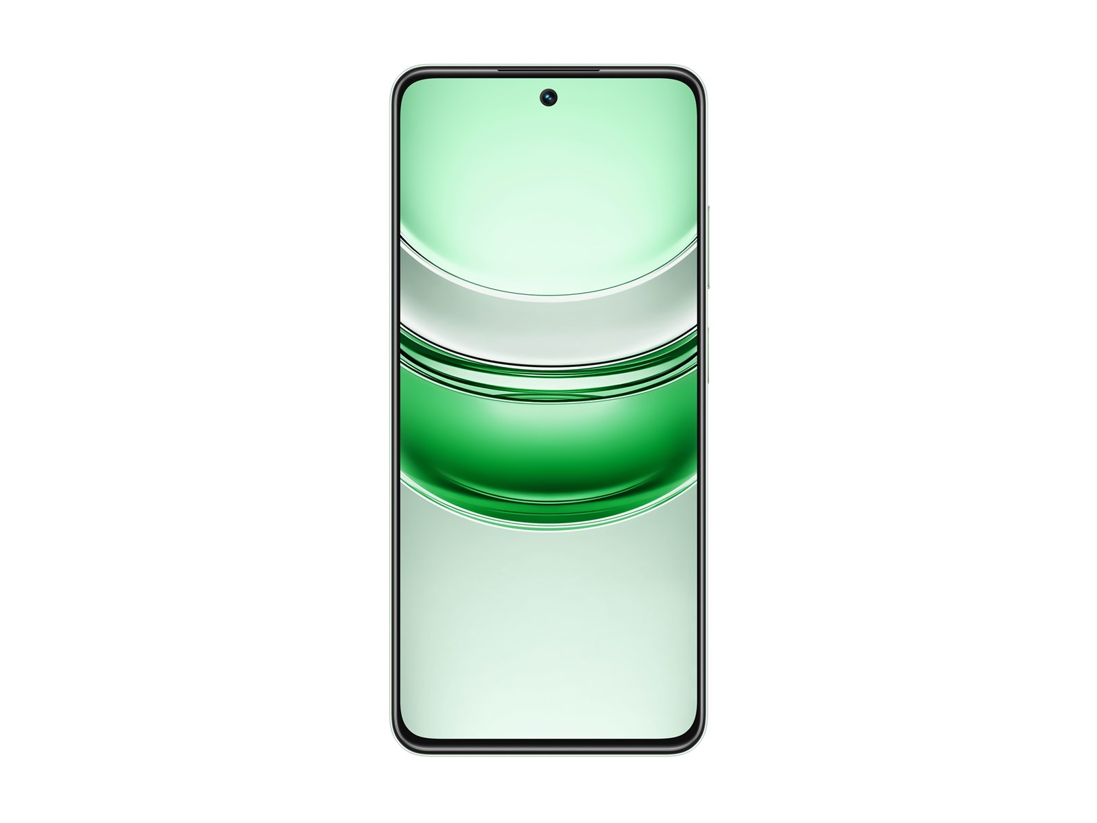 Nowoczesny smartfon z zielonym gradientem na ekranie, na białym tle.