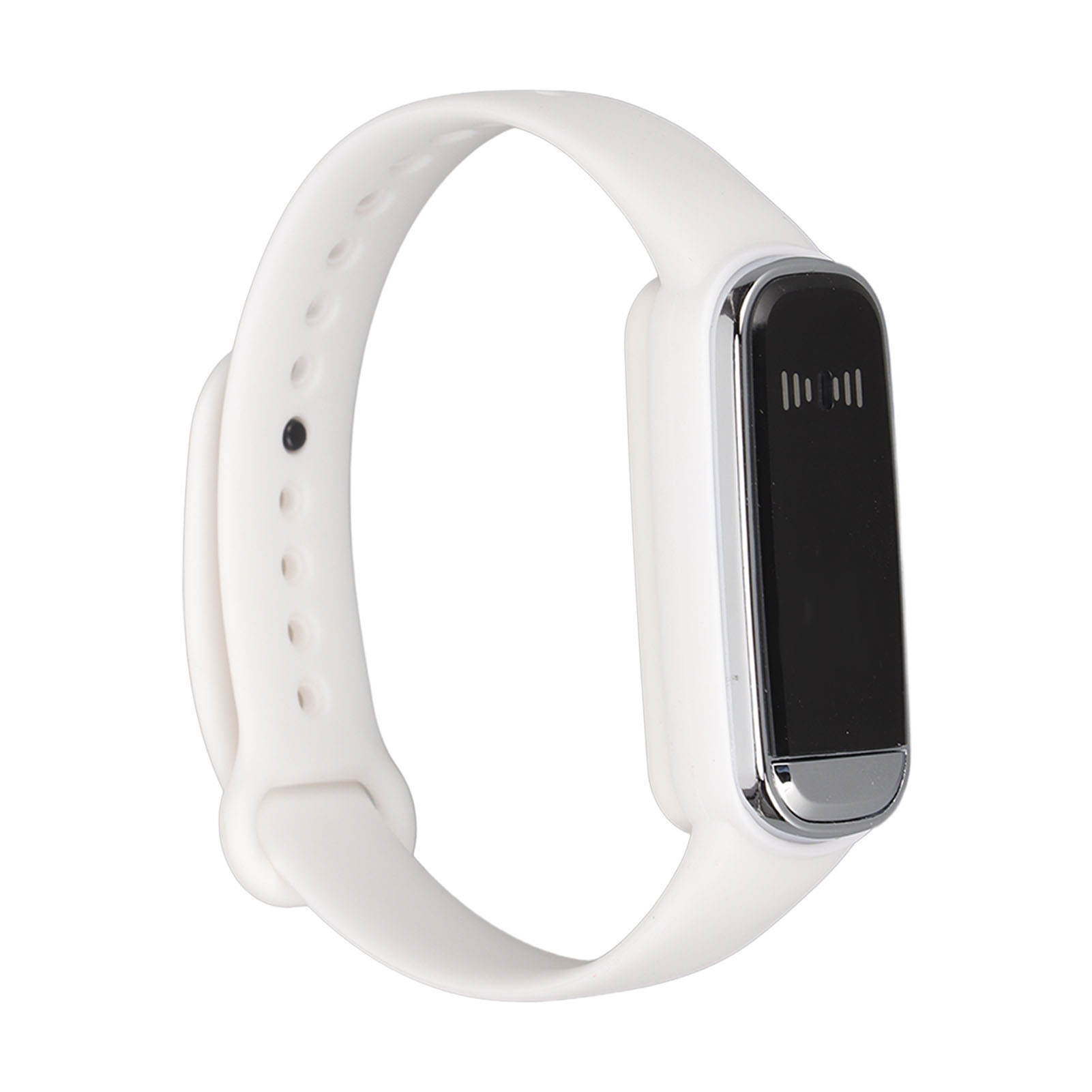 Weißes Smart-Armband mit schwarzem Bildschirm. Der Bildschirm zeigt 3 vertikale Linien. Weißes Band.