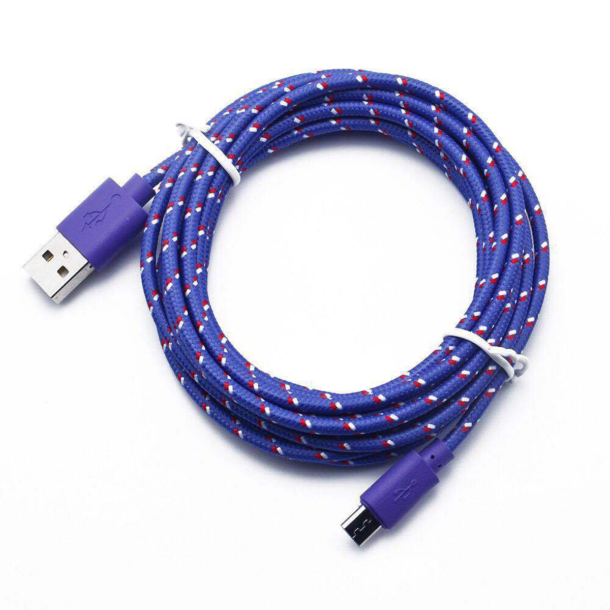 Blau-weißes USB-Kabel, aufgerollt, mit USB- und Micro-USB-Anschlüssen.
