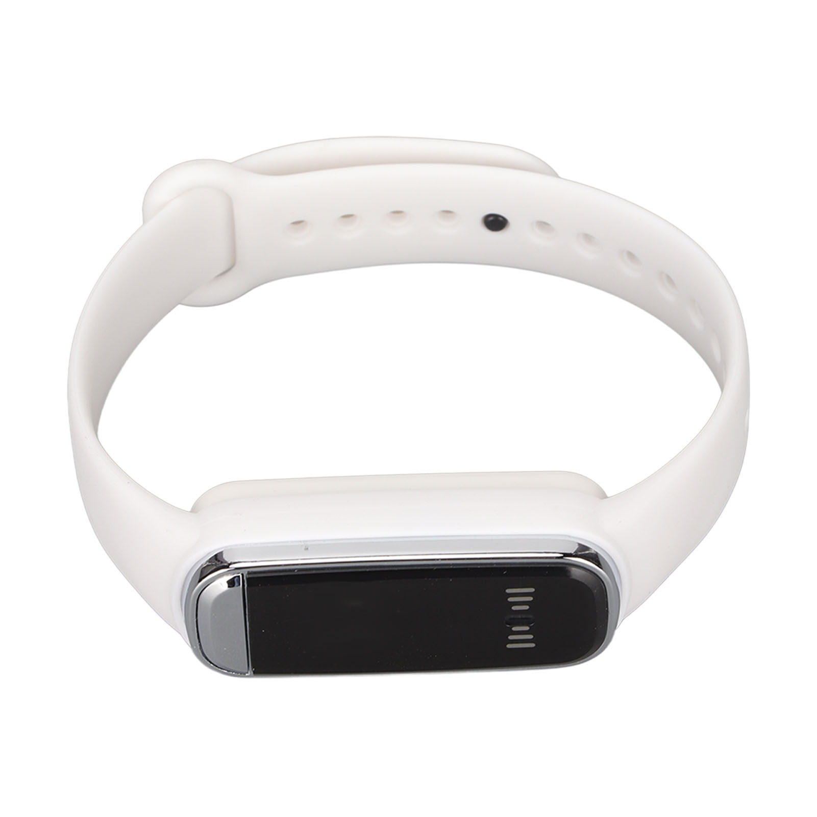 Weißes Smartband mit schwarzem Bildschirm und silbernen Details.
