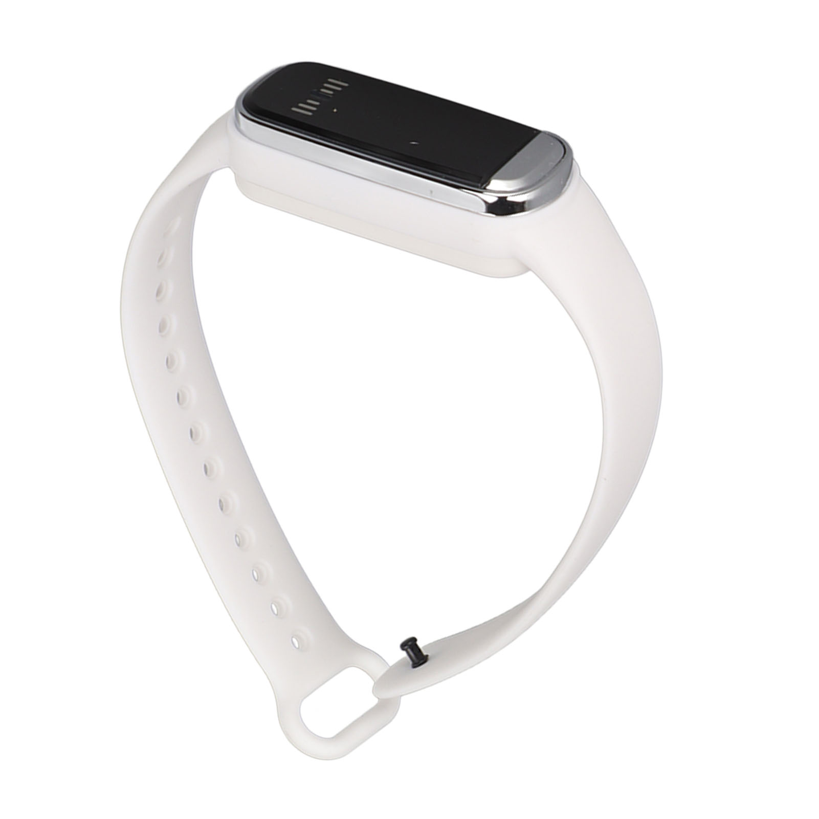 Weißes Smart-Armband. Es hat ein kleines Display. Das Armband ist weiß, mit Löchern.
