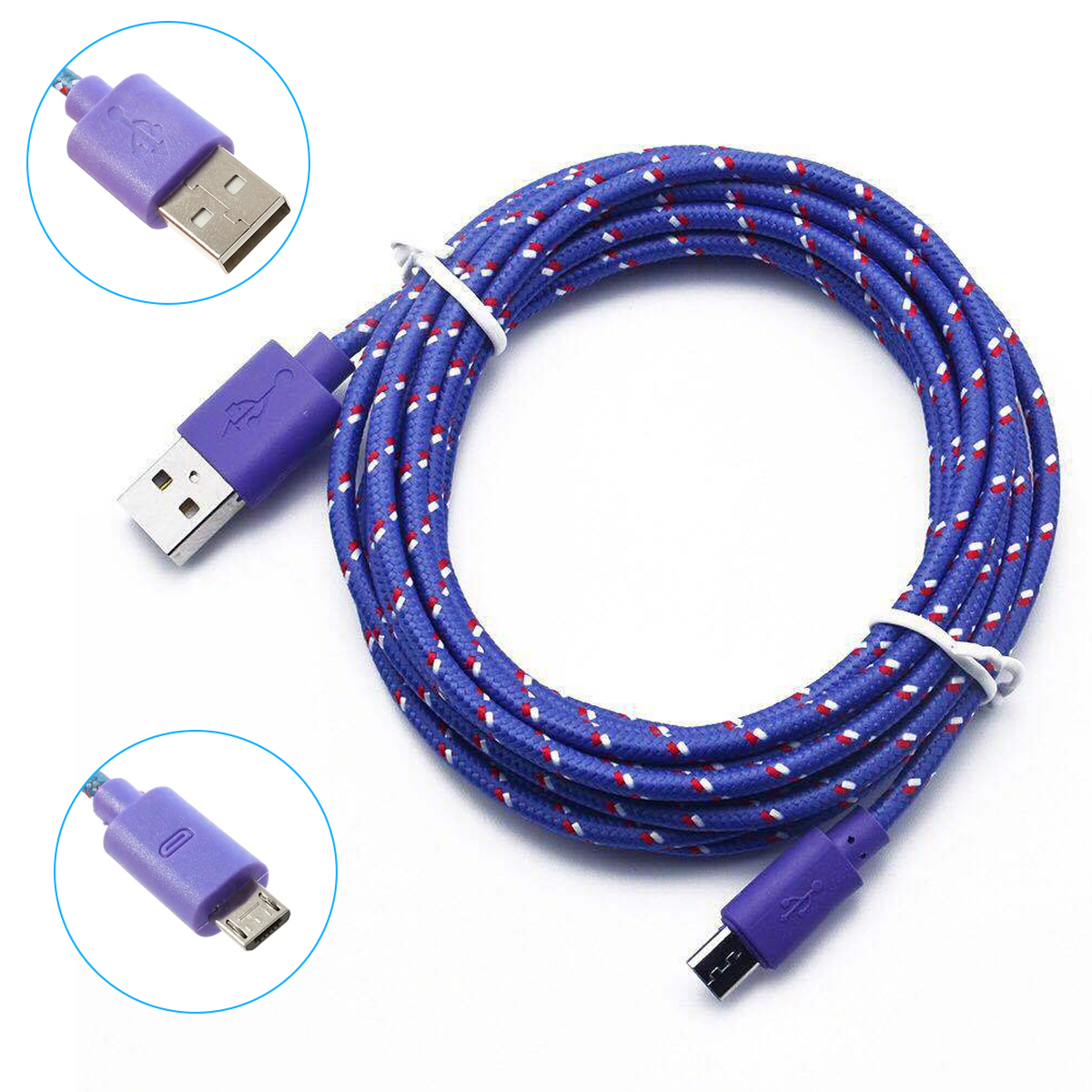 Lila USB-Kabel mit verschiedenen Anschlüssen auf weißem Hintergrund.
