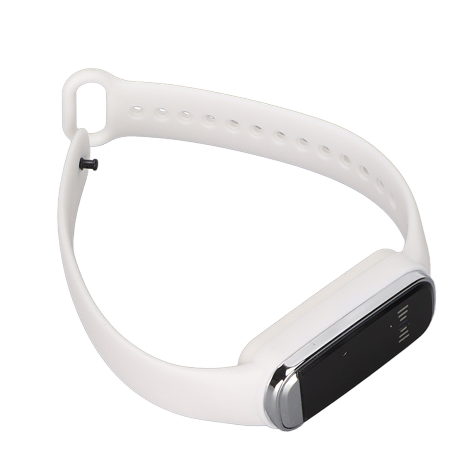Weißer Fitnesstracker mit schwarzem Bildschirm und silbernen Akzenten, mit weißem Armband, auf weißer Oberfläche.