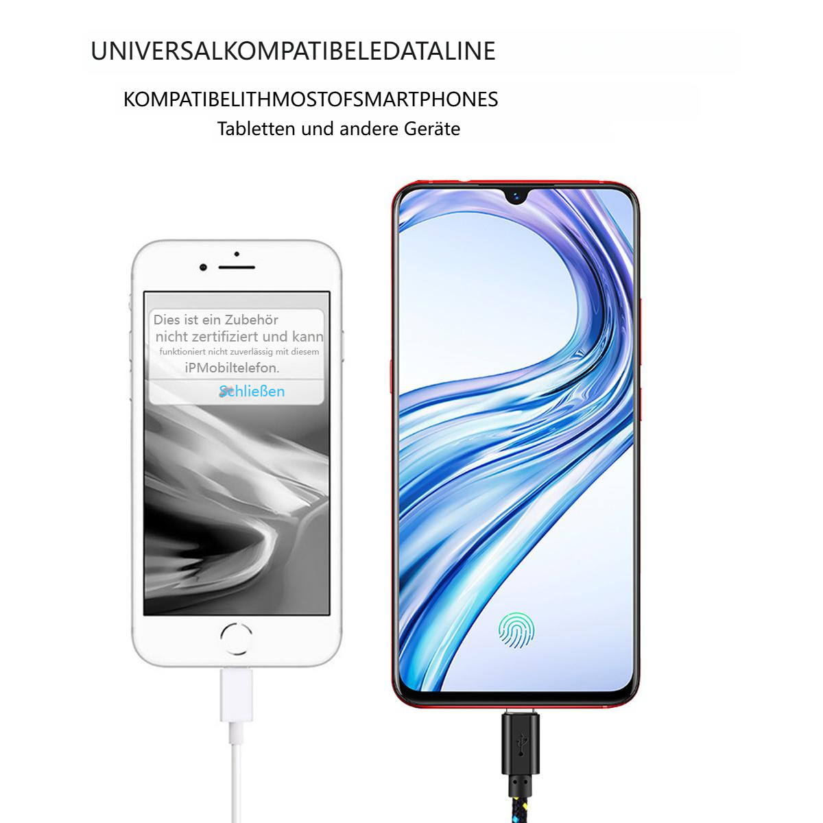 Zwei Smartphones mit USB-Kabel verbunden, eines zeigt eine Nachricht an.