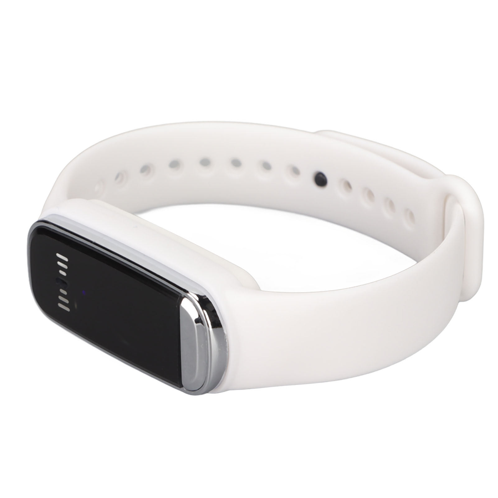 Weiße Smartwatch mit schwarzem Display und silbernem Rand.
