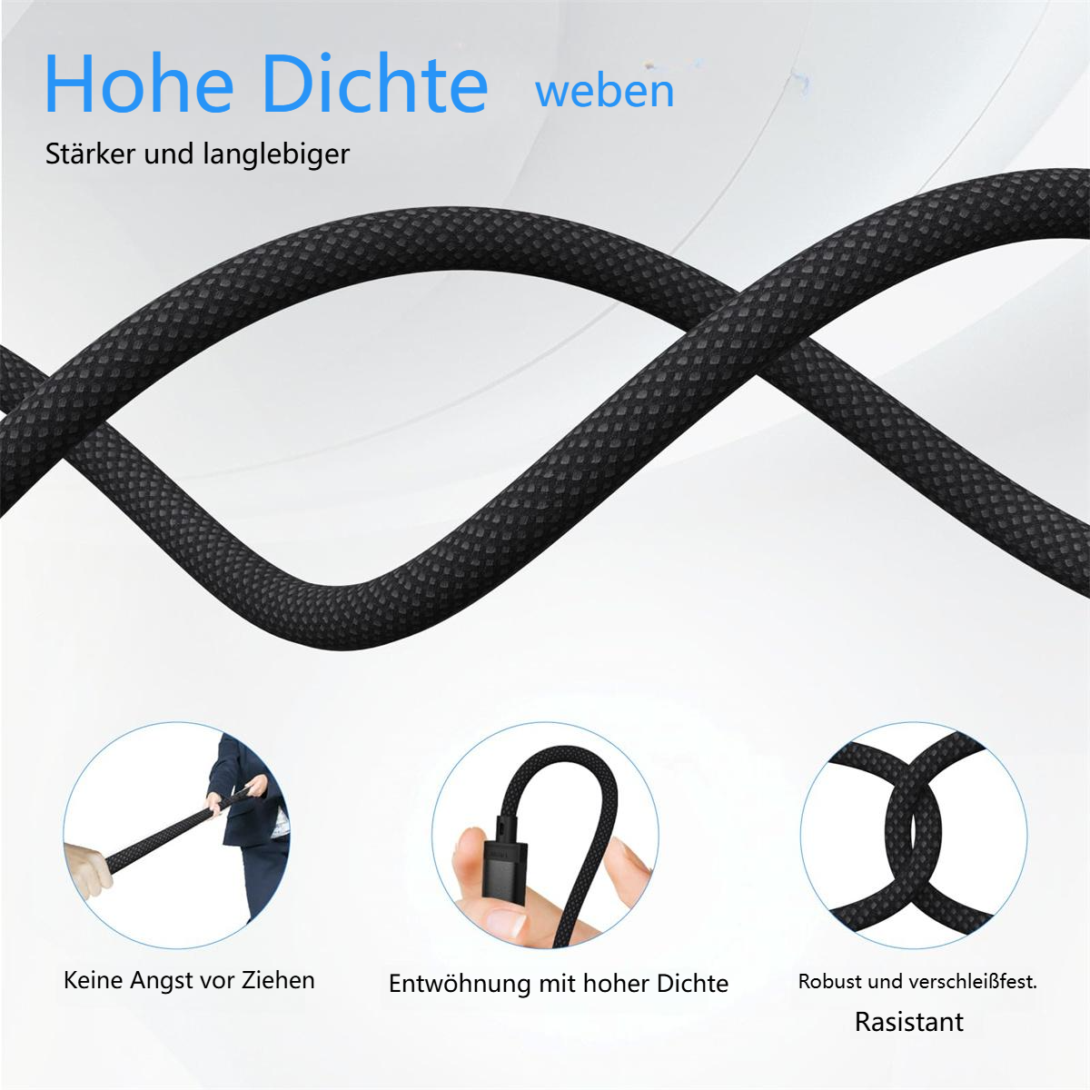 Schwarzes Kabel mit Symbolen, die seine Stärke und Flexibilität zeigen.
