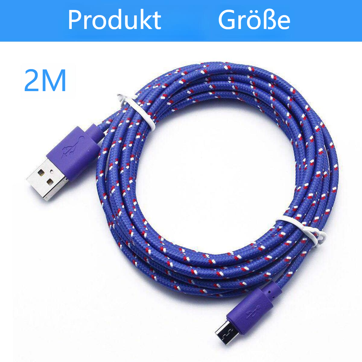 Blaues USB-Kabel, 2 Meter lang, mit lila Anschlüssen. Weißer Hintergrund.