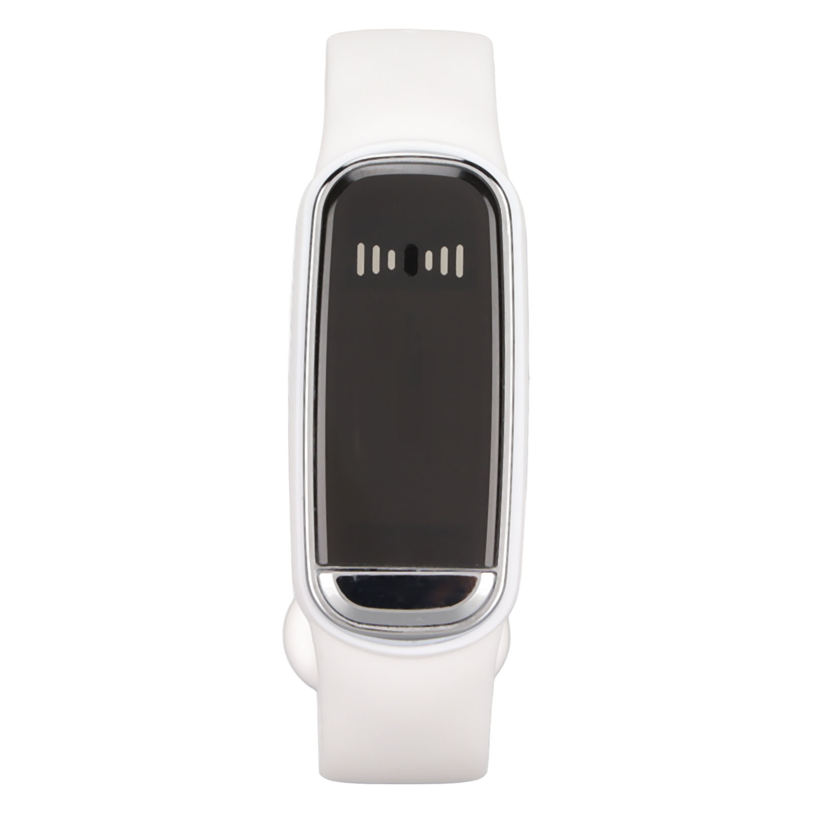 Weiße Smartwatch mit schwarzem Bildschirm und silbernem Band.