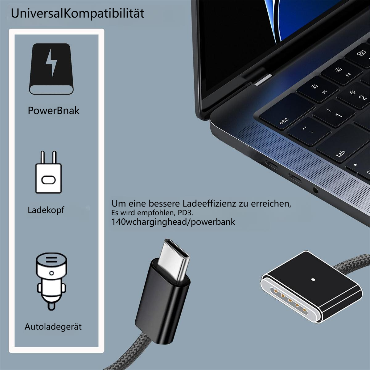 Ein schwarzes Ladekabel mit USB-C-Anschluss und Ladezubehör.