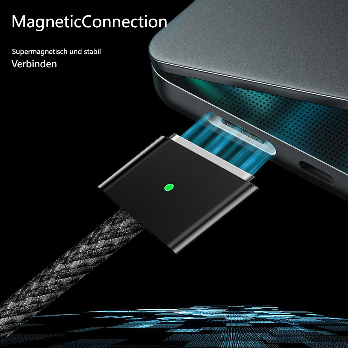 Ein schwarzes magnetisches Ladekabel ist mit einem Telefon verbunden. Ein grünes Licht ist sichtbar.