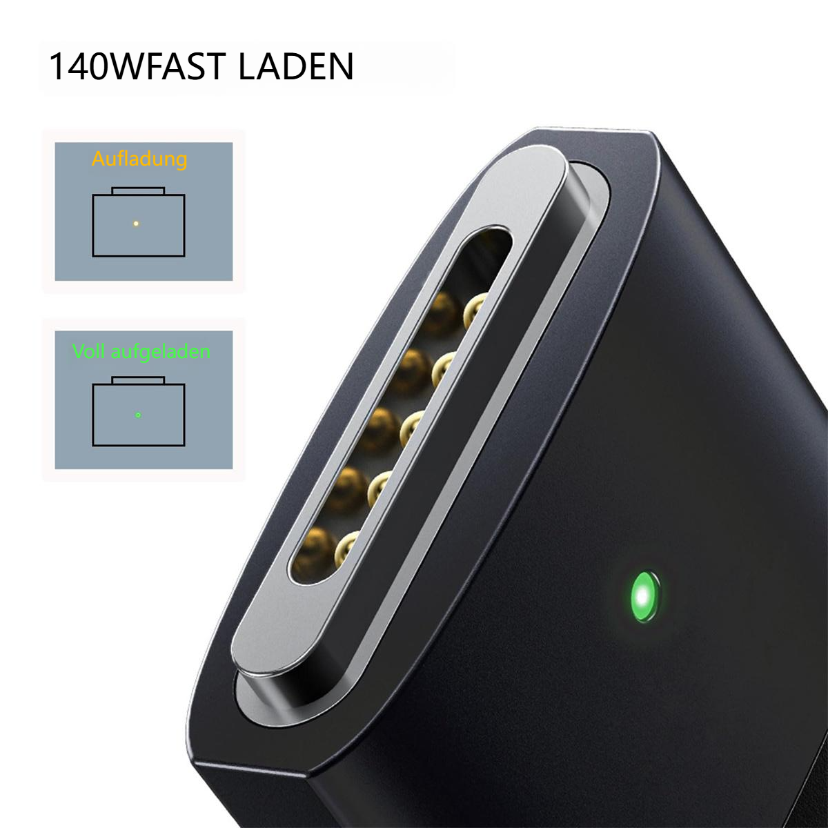 Schwarzer Ladeadapter mit grünem Licht. Zwei kleine Diagramme zeigen den Ladestatus. 140W Schnellladen ist geschrieben.
