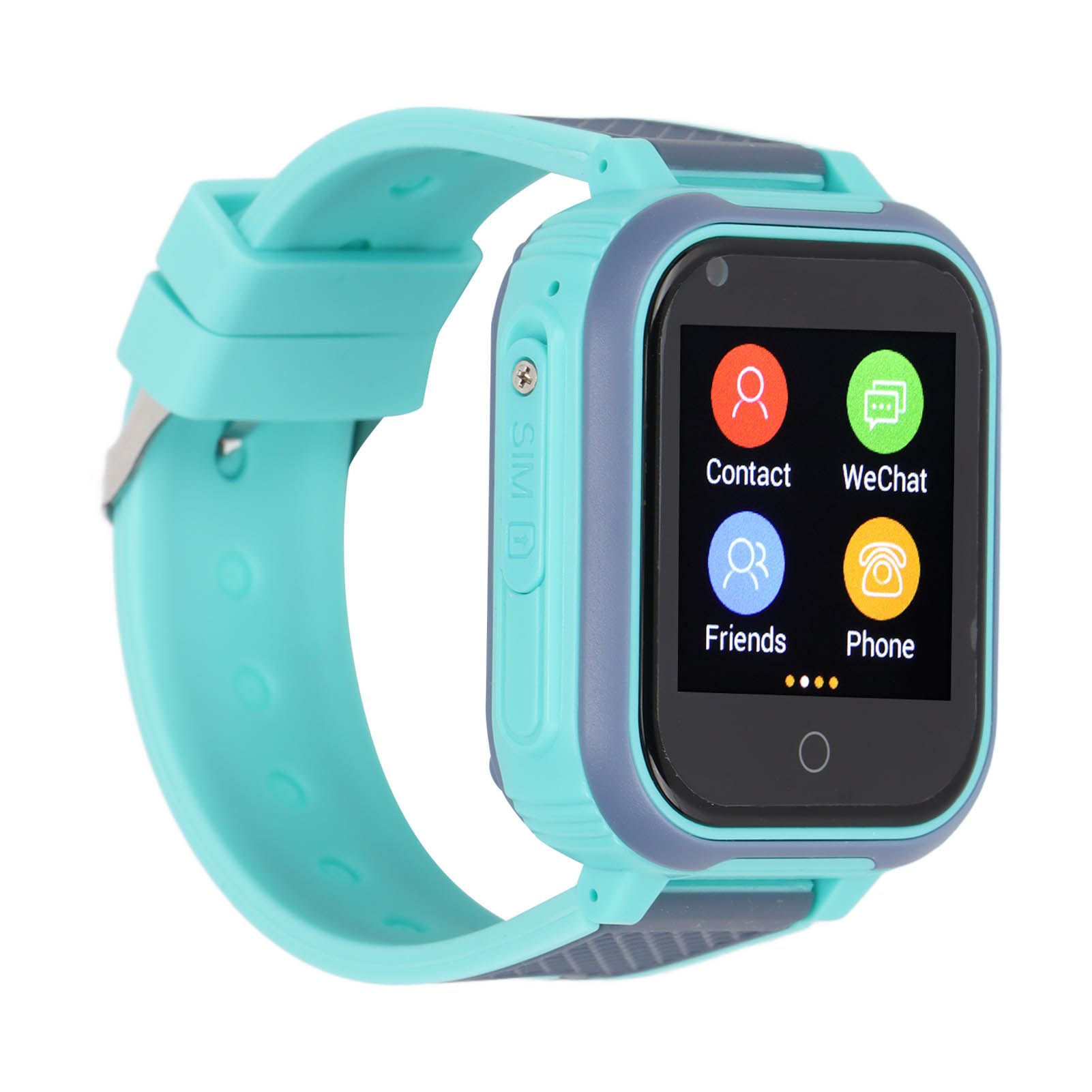 Smartwatch mit türkisfarbenem Armband, zeigt Kontakt-, Wechat-, Freunde- und Telefonsymbole.