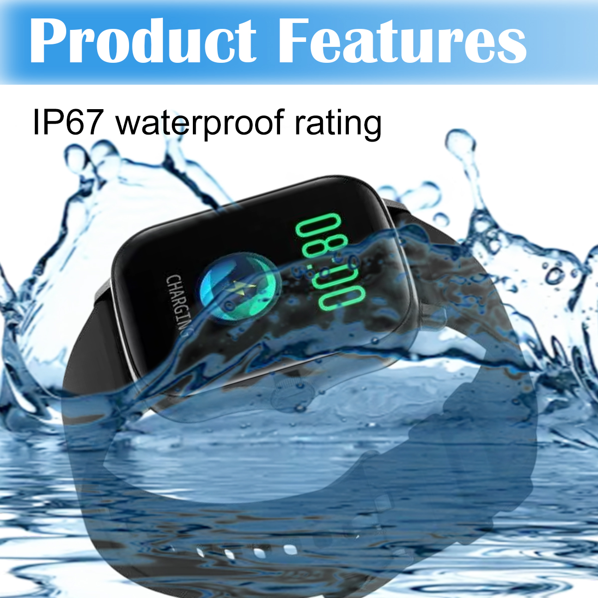 Eine schwarze Smartwatch im Wasser, zeigt die Uhrzeit und das Ladesymbol.