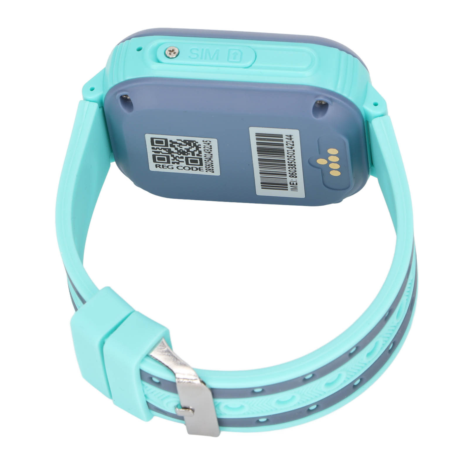 Smartwatch mit blauem Armband. Die Uhr ist von hinten zu sehen und zeigt Details.