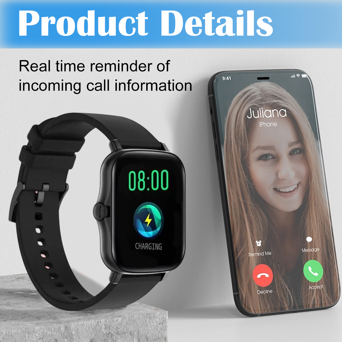 Smartwatch auf Oberfläche mit Telefon, das einen Anruf von Juliana zeigt. Uhr zeigt Zeit und Lade-Symbol.