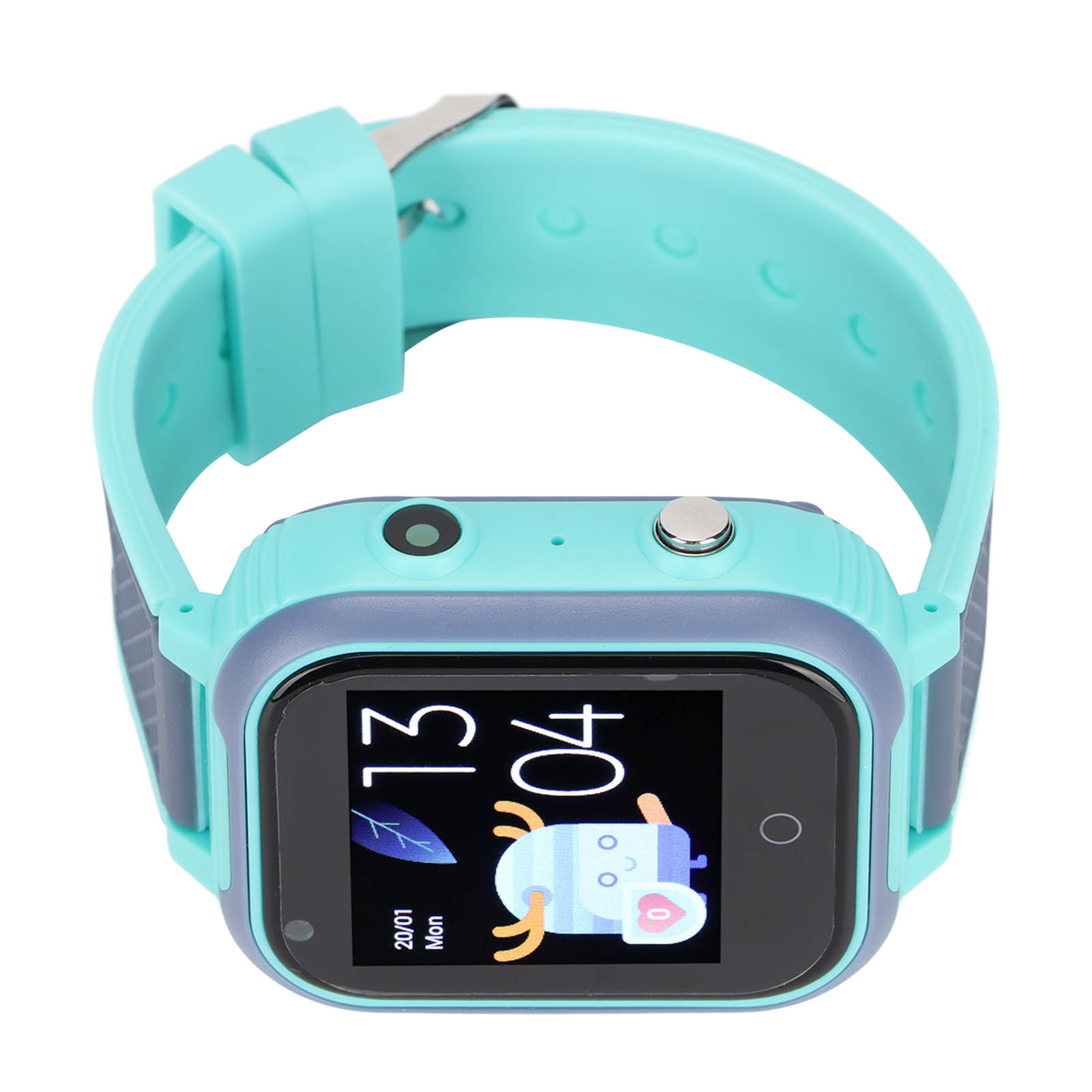 Eine Kinder-Smartwatch mit blauem und tealfarbenem Armband, zeigt Datum und eine Cartoon-Figur auf dem Bildschirm.