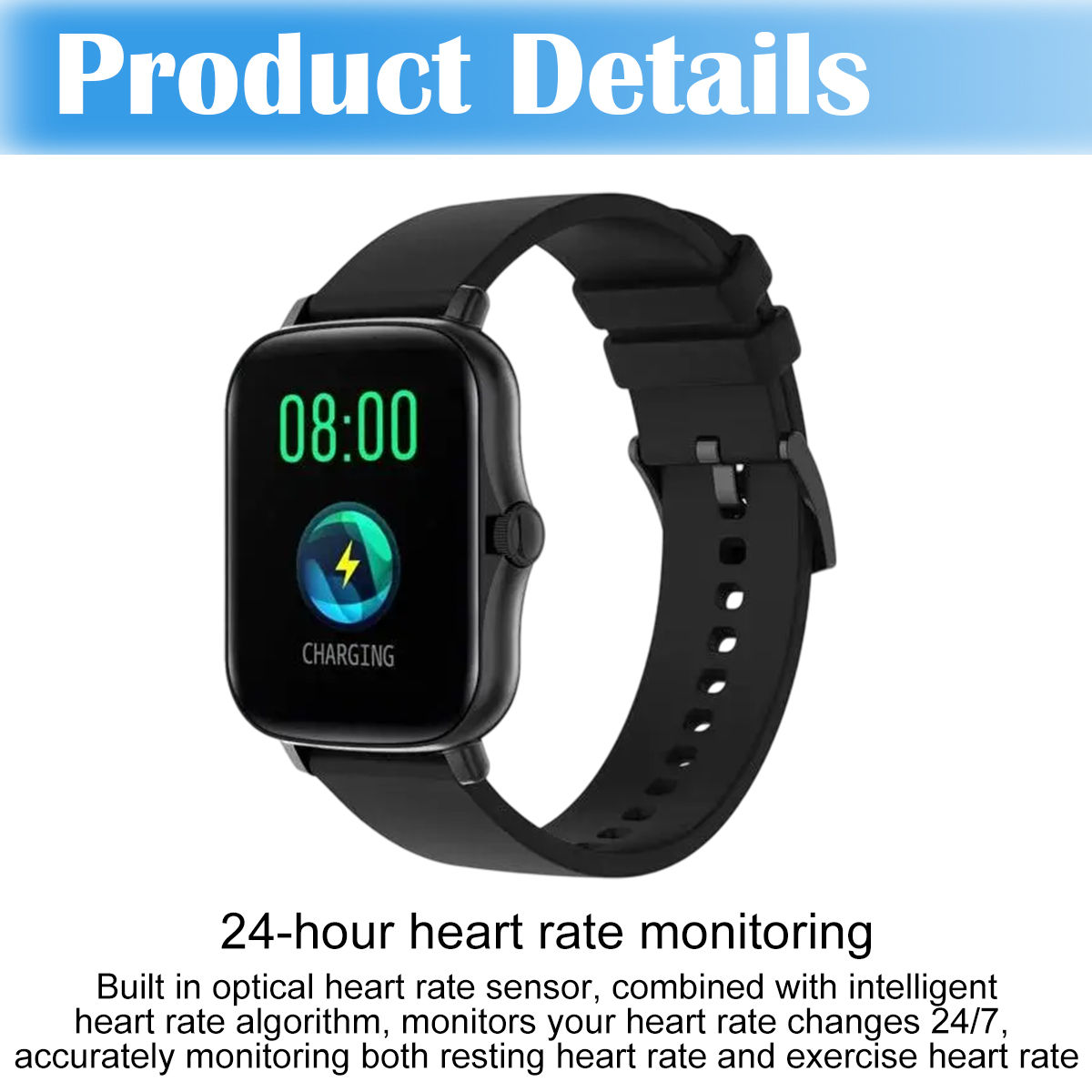 Eine schwarze Smartwatch mit digitalem Bildschirm, der 08:00 und ein Ladesymbol zeigt. Die Uhr hat ein schwarzes Armband.
