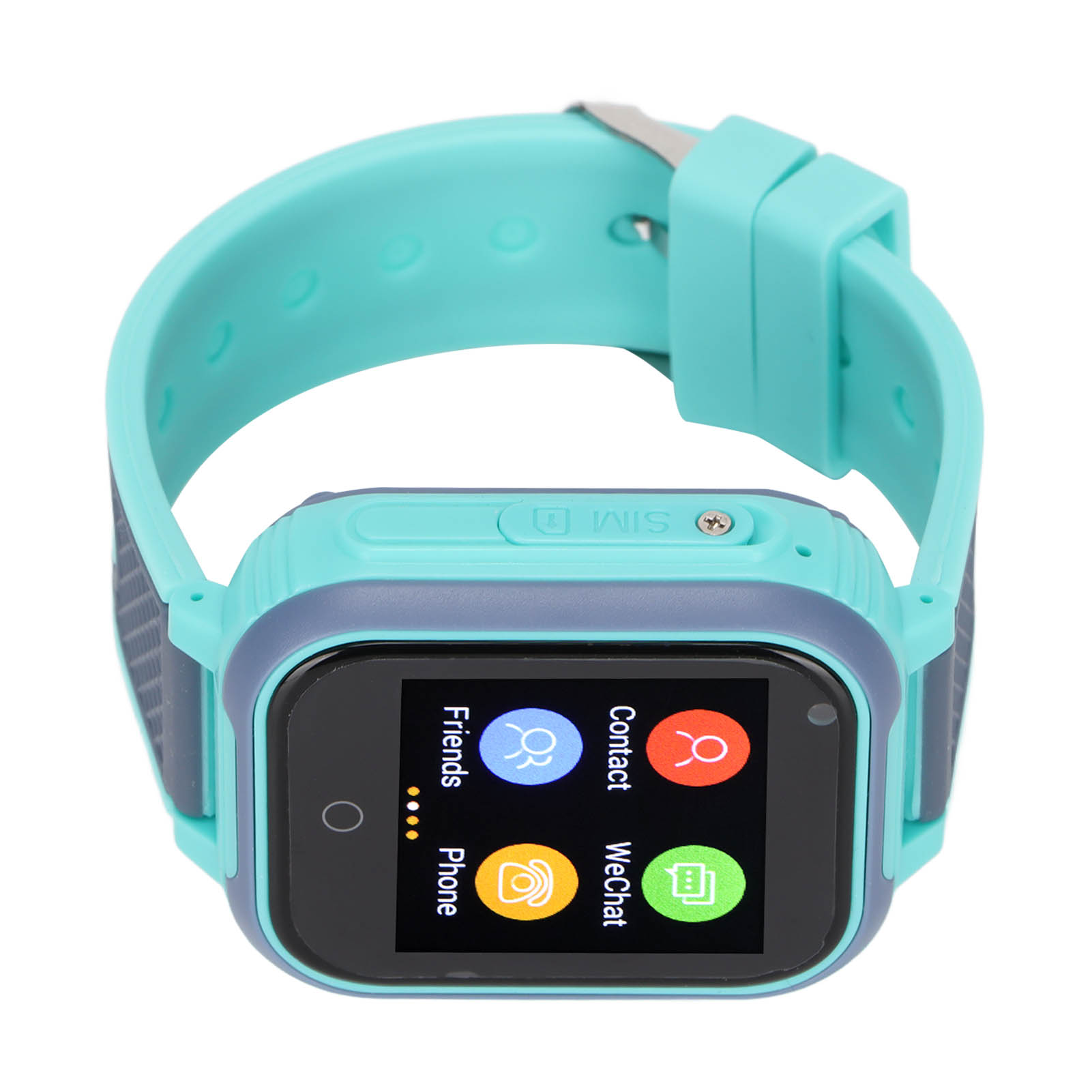 Eine türkisfarbene Smartwatch mit schwarzem Bildschirm, der Symbole anzeigt. Sie hat ein türkisfarbenes Band.