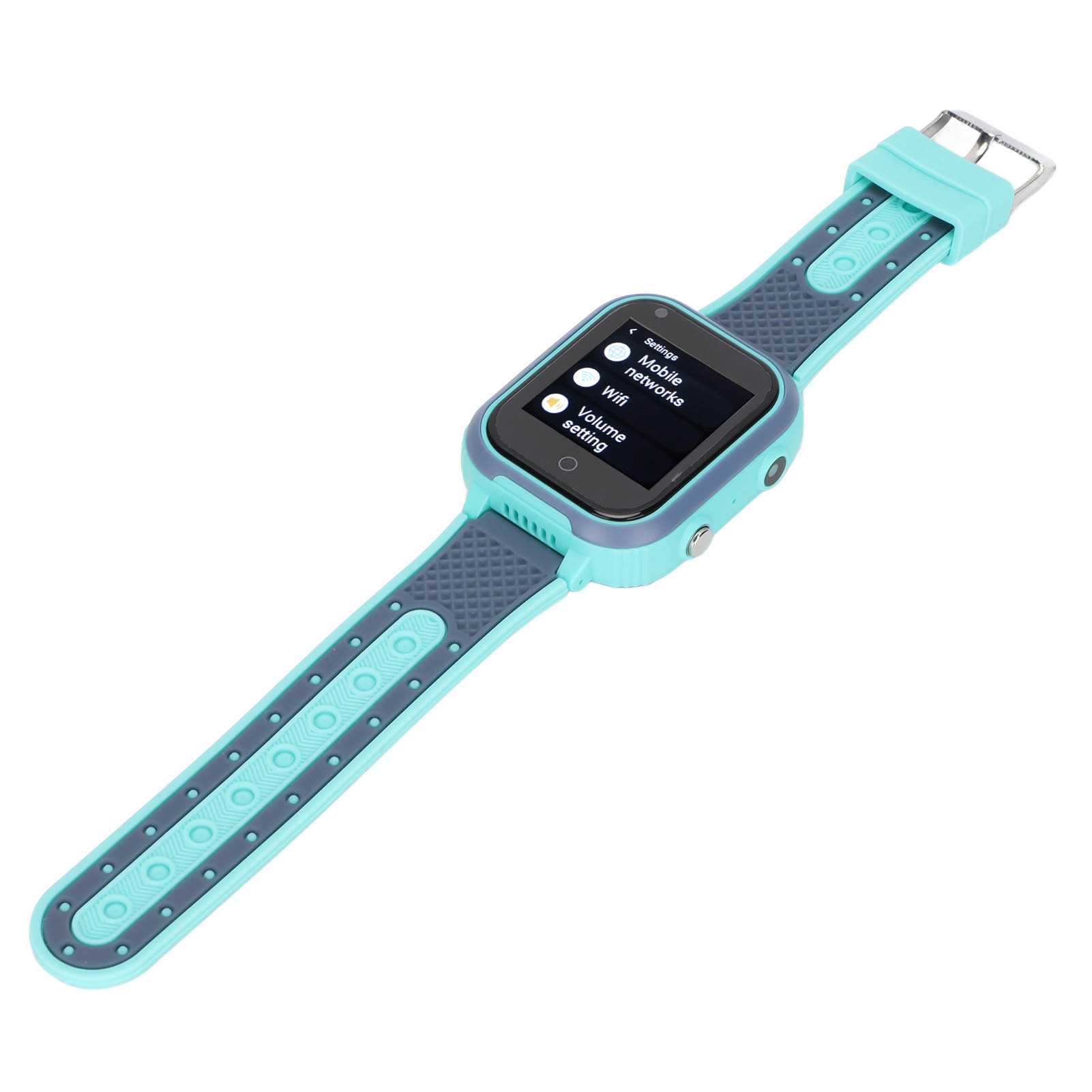 Eine Smartwatch mit blauem Armband, die ein Menü mit Einstellungen wie Mobilfunknetz und WLAN anzeigt, auf weißem Hintergrund.