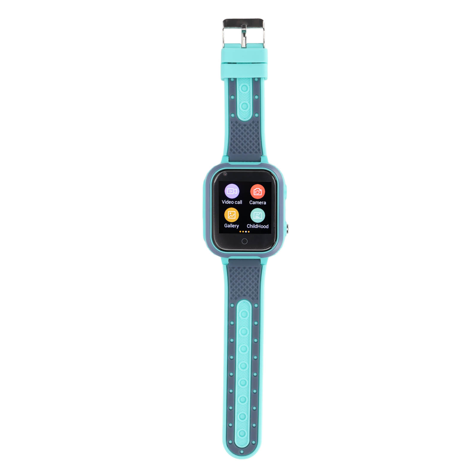 Eine Smartwatch mit blau-grauem Band, mit Symbolen auf dem Bildschirm.