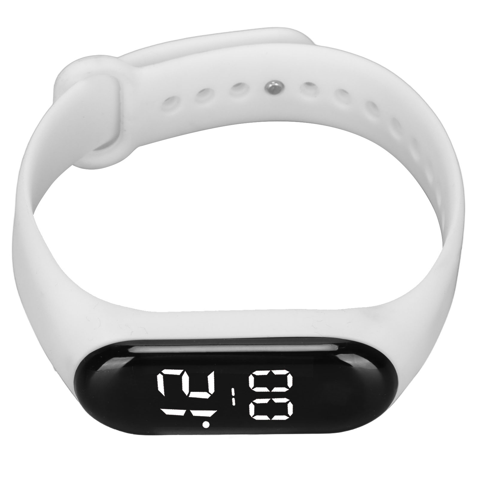 Eine weiße Smartwatch mit schwarzem Display, das die Uhrzeit anzeigt, und weißem Armband.
