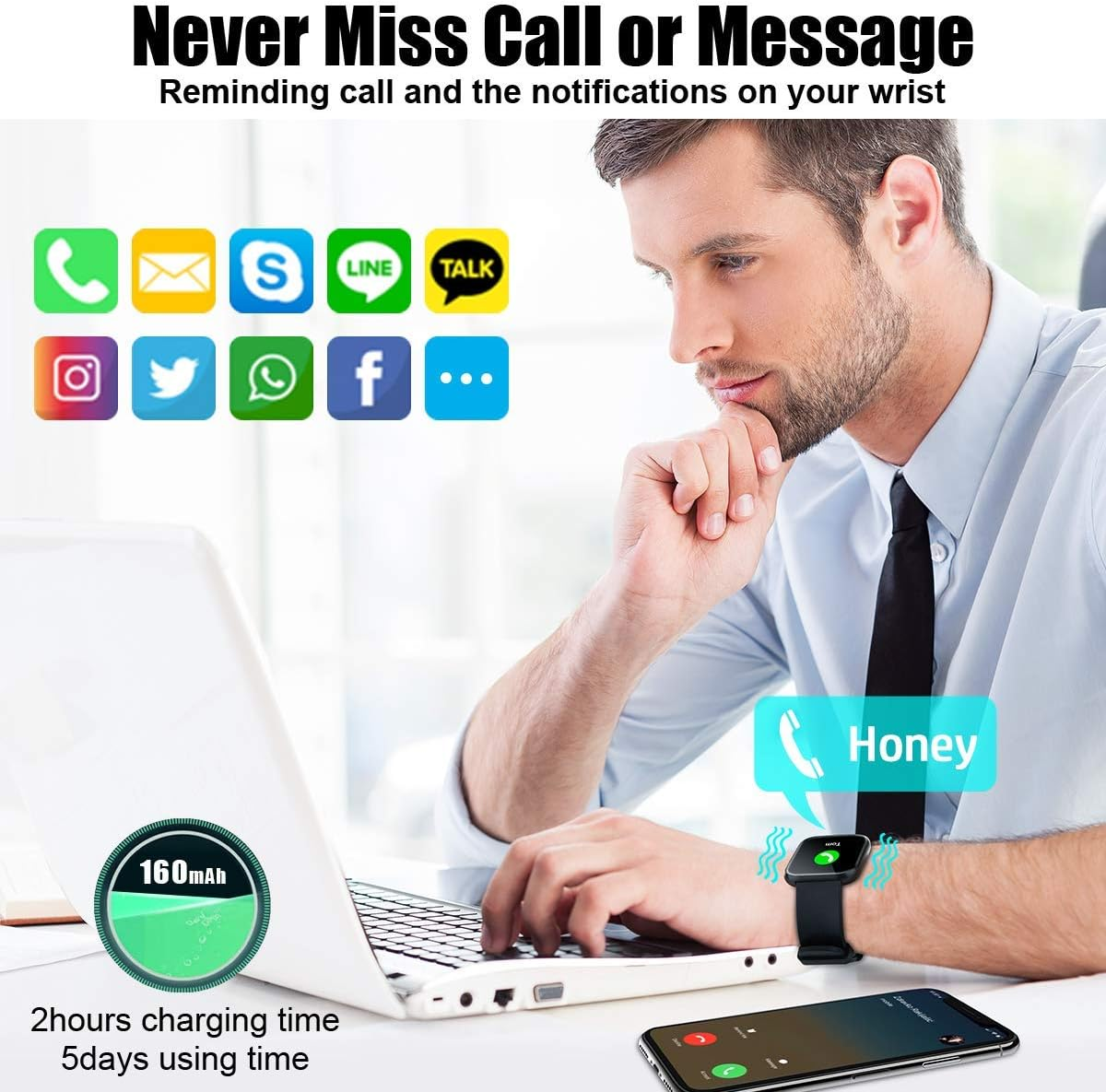Ein Mann mit Smartwatch arbeitet an einem Laptop. Symbole von Apps um ihn herum.