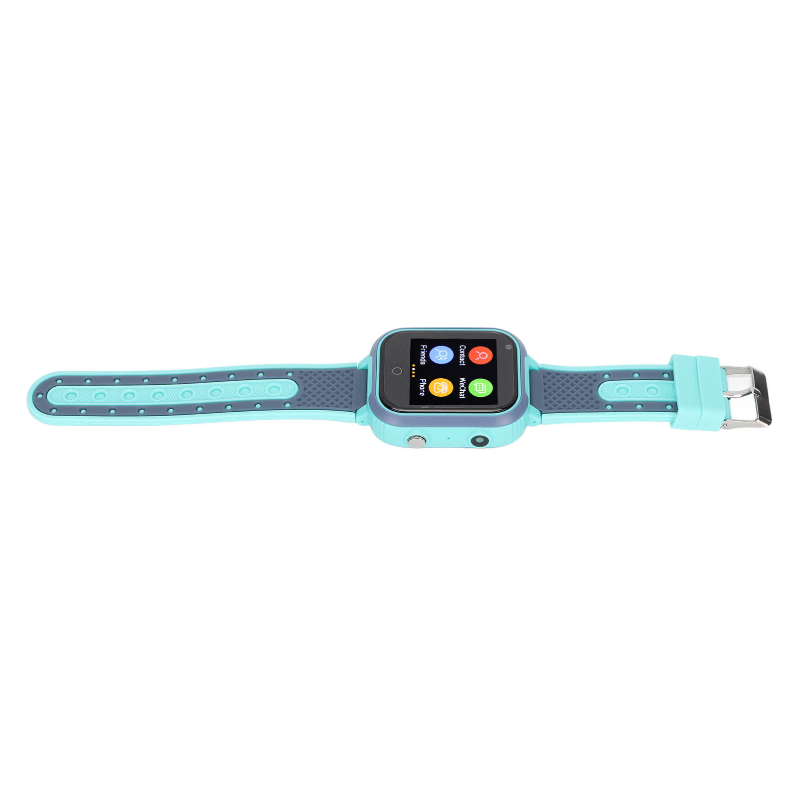 Smartwatch mit blauem Armband und Bildschirm mit Symbolen und einer Uhrenschnalle.