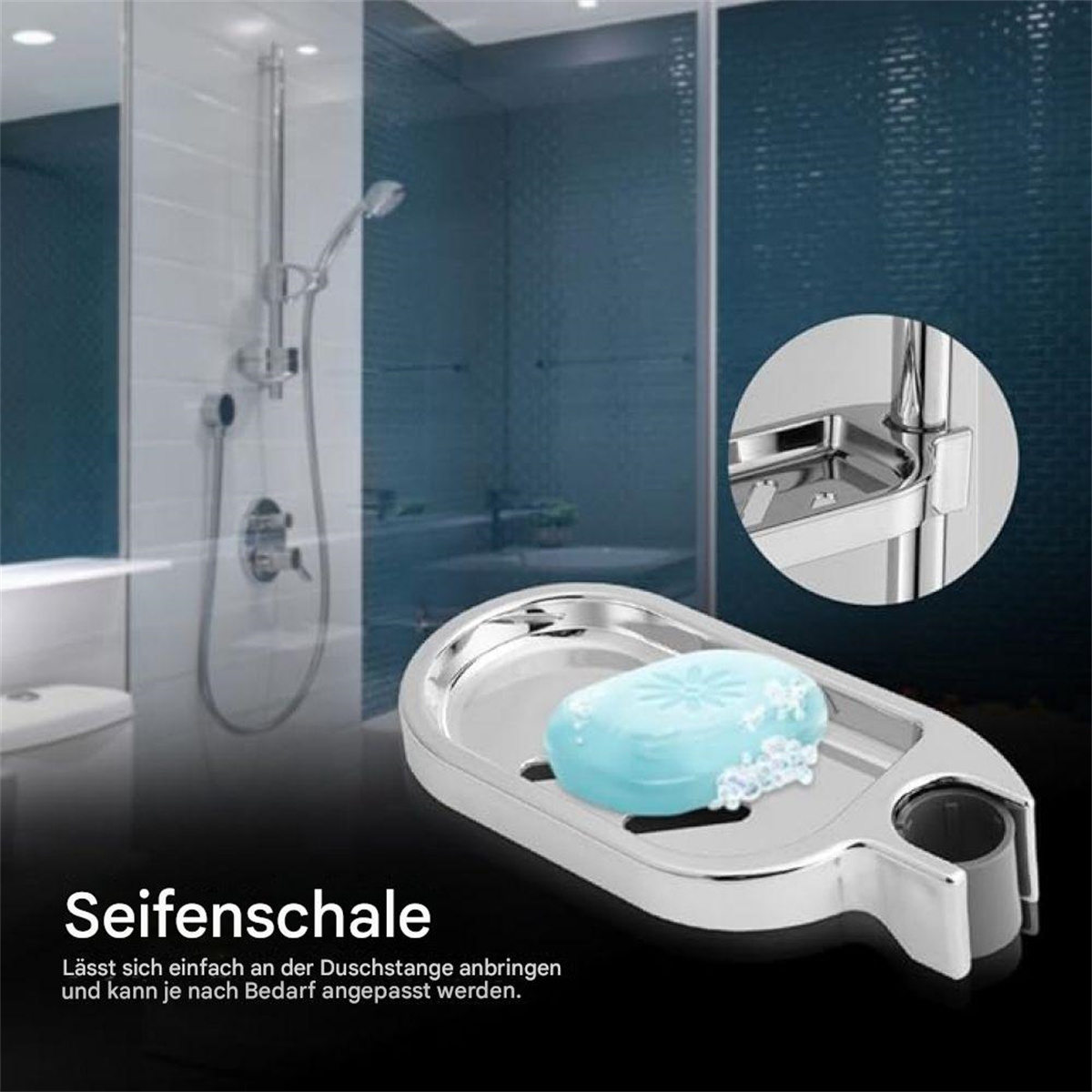 Eine silberne Seifenschale mit einem blauen Seifenstück. Badezimmerumgebung.