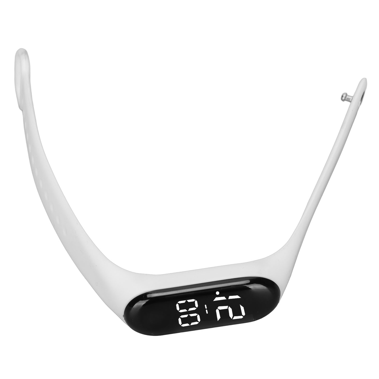 Weiße Smartwatch mit digitaler Zeitanzeige. Sie hat einen schwarzen Bildschirm und ein weißes Armband.
