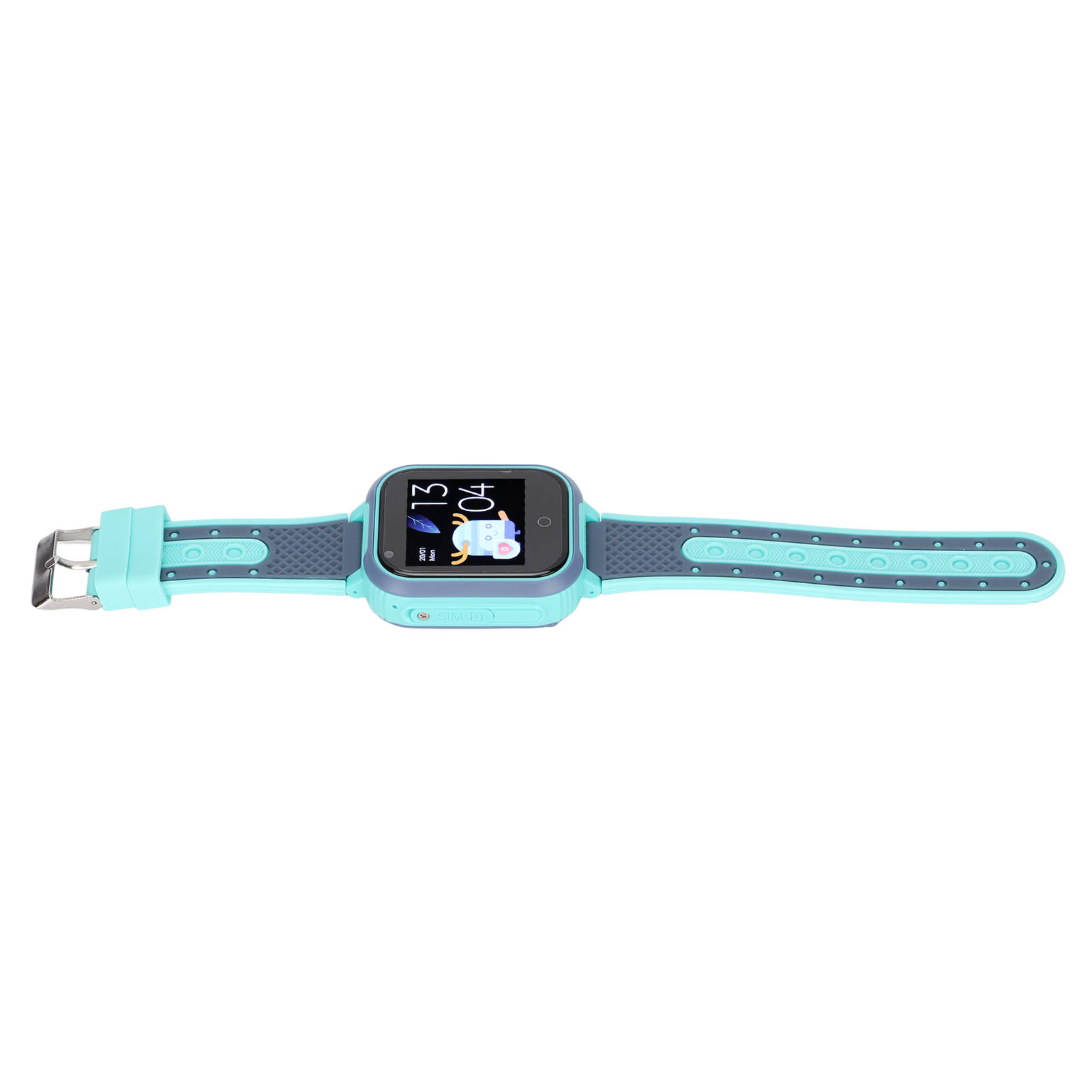 Eine Smartwatch mit blauem Armband. Das Zifferblatt zeigt Zeit, Datum und eine Pinguingrafik.