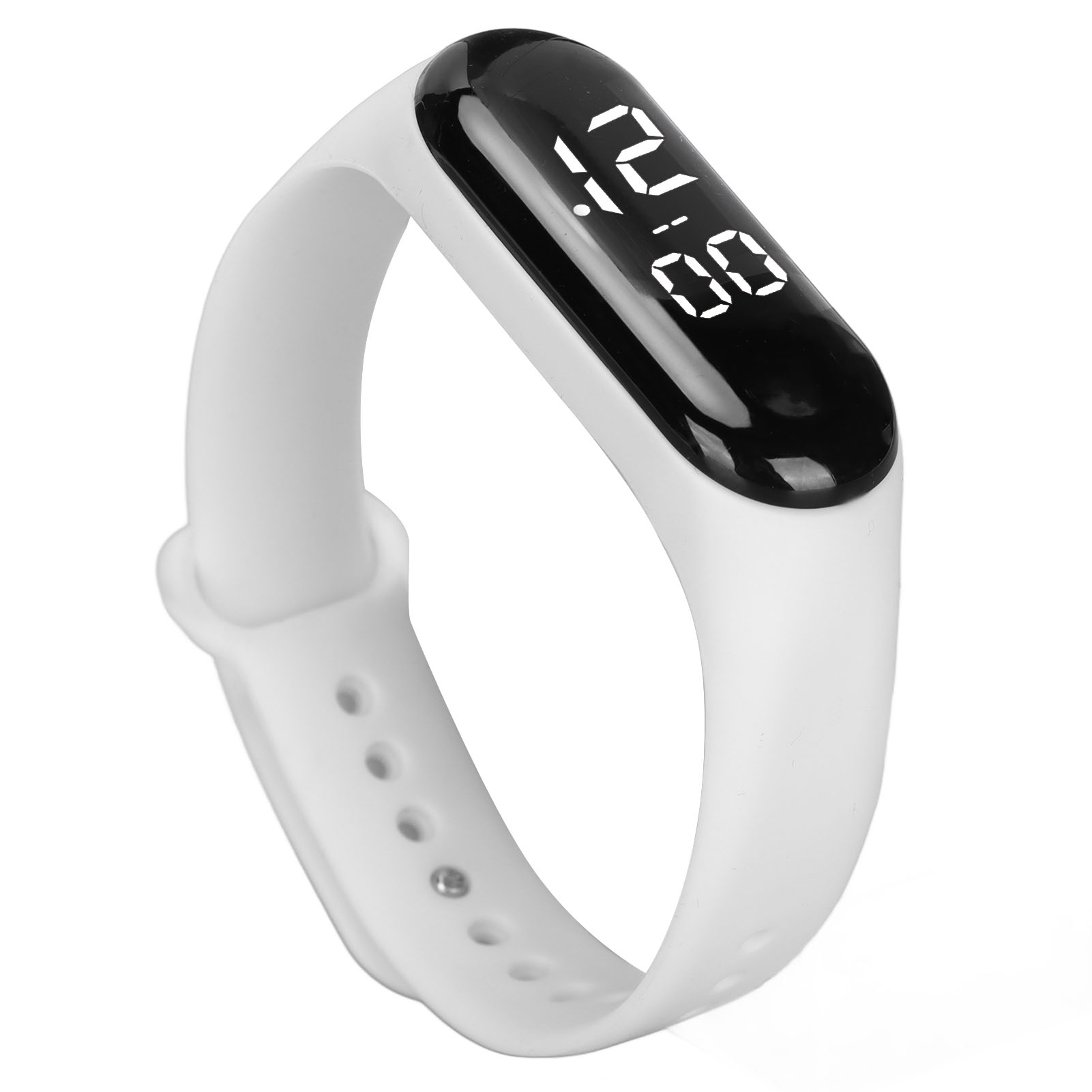 Ein weißes Armband mit digitaler Anzeige, die '12:00' anzeigt. Das Band ist weiß.