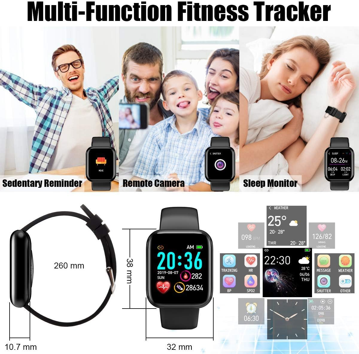 Multifunktions-Fitness-Tracker. Personen, die die Uhr benutzen. Uhrendetails, Messungen und Benutzeroberfläche.