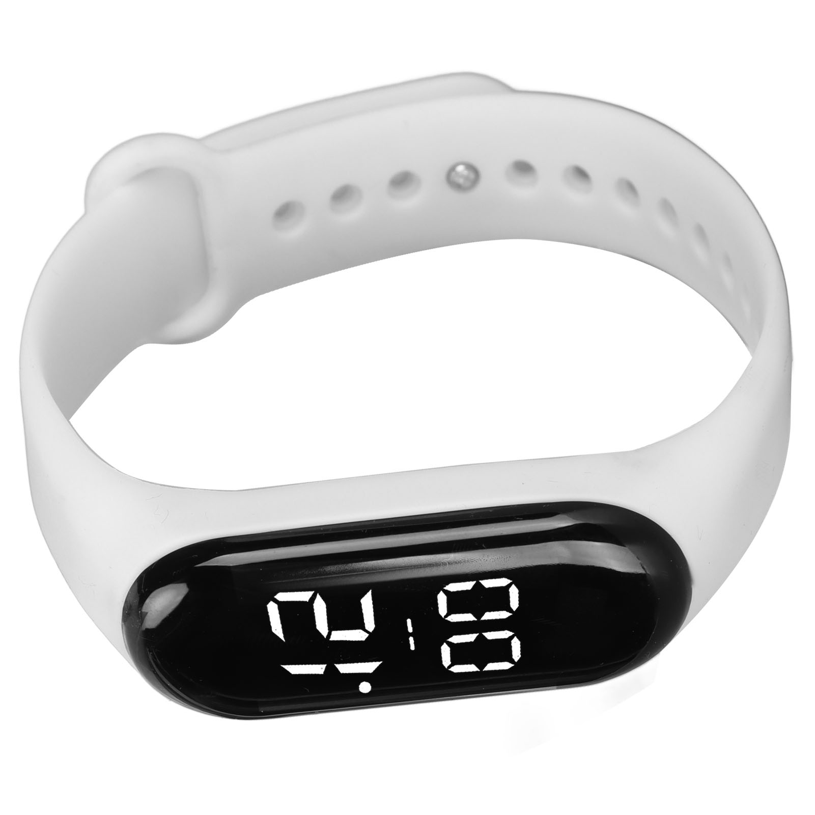 Weiße Smartwatch mit angezeigter Uhrzeit.