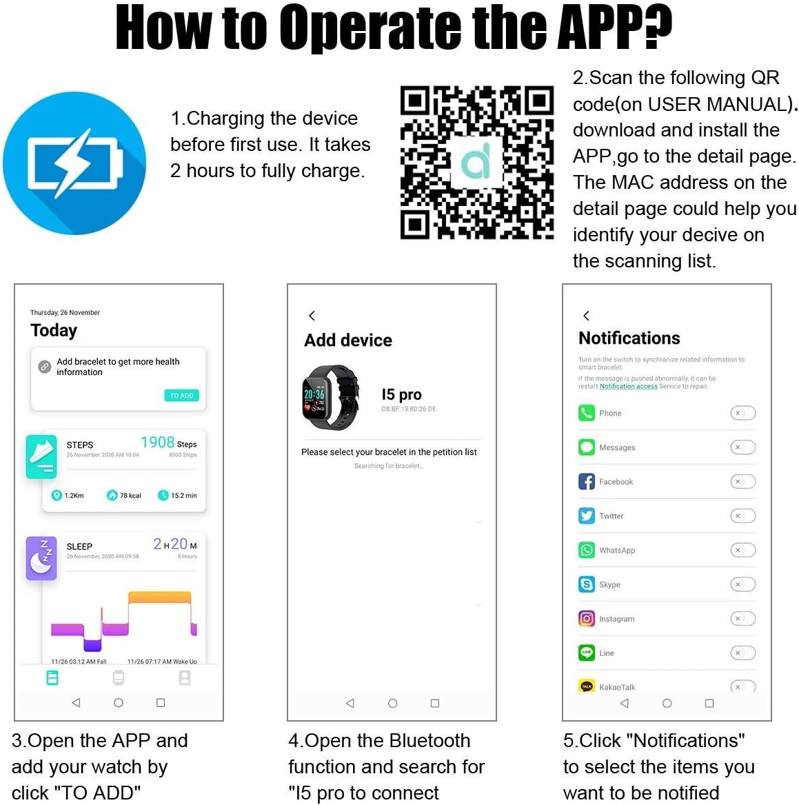 Weißer Bildschirm mit Anweisungen zur Bedienung einer App, mit QR-Code und Uhr.