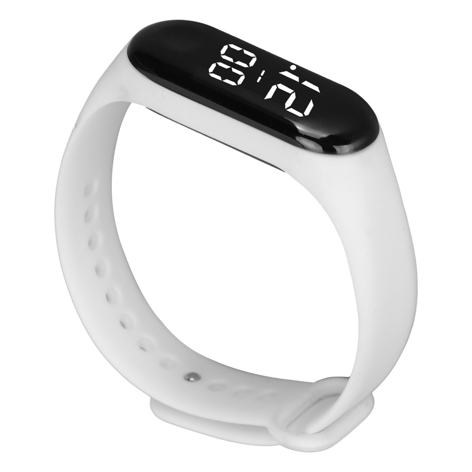 Ein weißes Smartband mit schwarzem Bildschirm, der digitale Zahlen anzeigt. Das Band ist gekrümmt und passt ans Handgelenk.